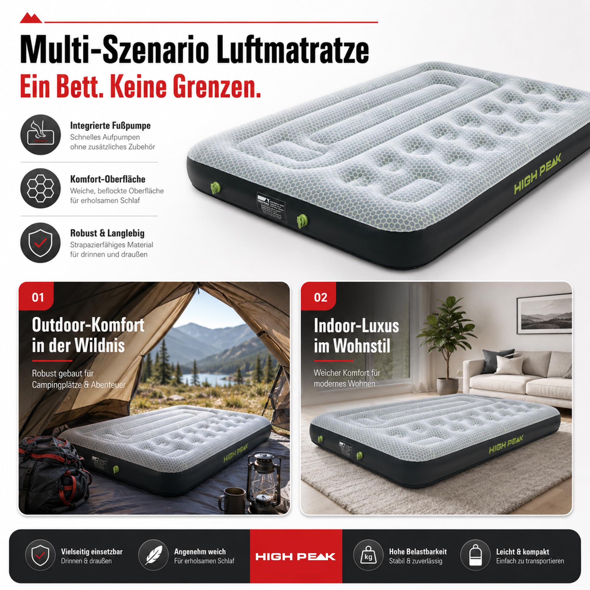 High Peak Luftbett 2 Personen mit integrierten Pumpen und Doppelkammer | Anti-Rutsch-Pads, Doppelventil, Dual-Zonen-Liegefläche, pflegeleicht, 198x137x22cm, bis 250kg, für Zelt, Zuhause, Reisen