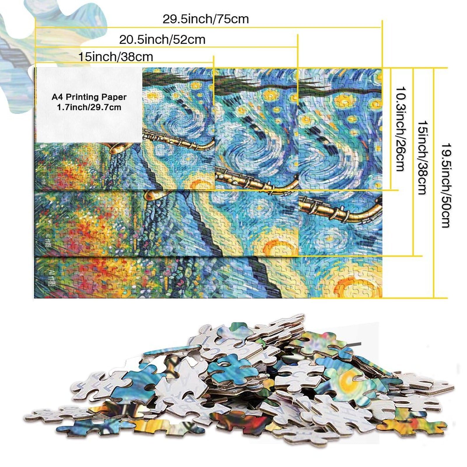 Saxofon Puzzle 1000-częściowe ciężkie puzzle, zabawka edukacyjna, imponujące wyzwanie, zabawka dla dorosłych i dzieci w sprawdzonych wymiarach 70 x 50 cm/1000 szt