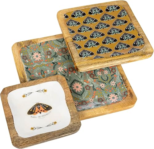 Creative Co-Op Polillas y flores de madera esmaltada, juego de 3 tamaños, bandeja multicolor, multicolor