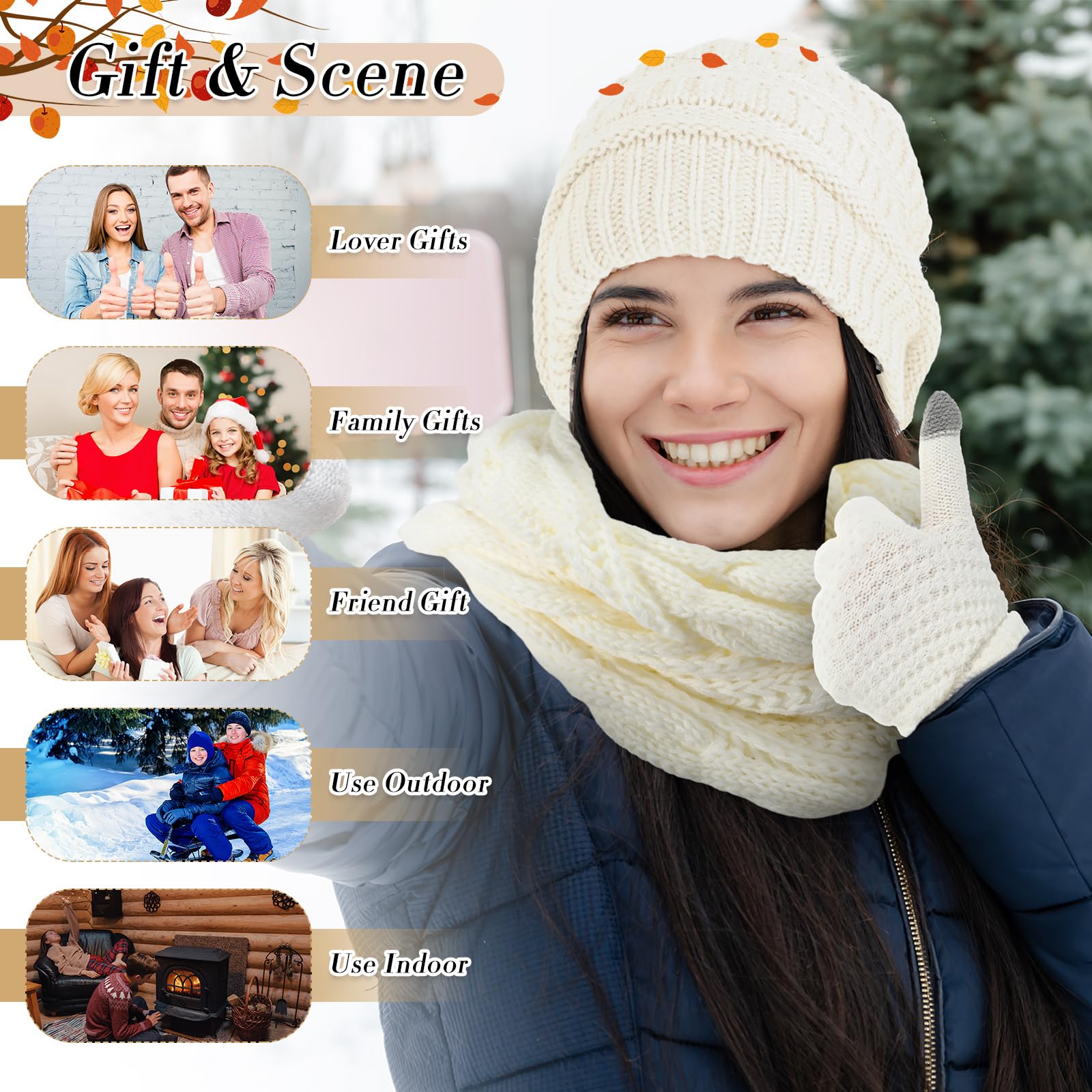 Liitrsh Juego de 12 gorros de invierno para mujer, gorro, bufanda, guantes de punto, calentador de cuello, guantes para pantalla táctil, cómodos, suaves y cálidos