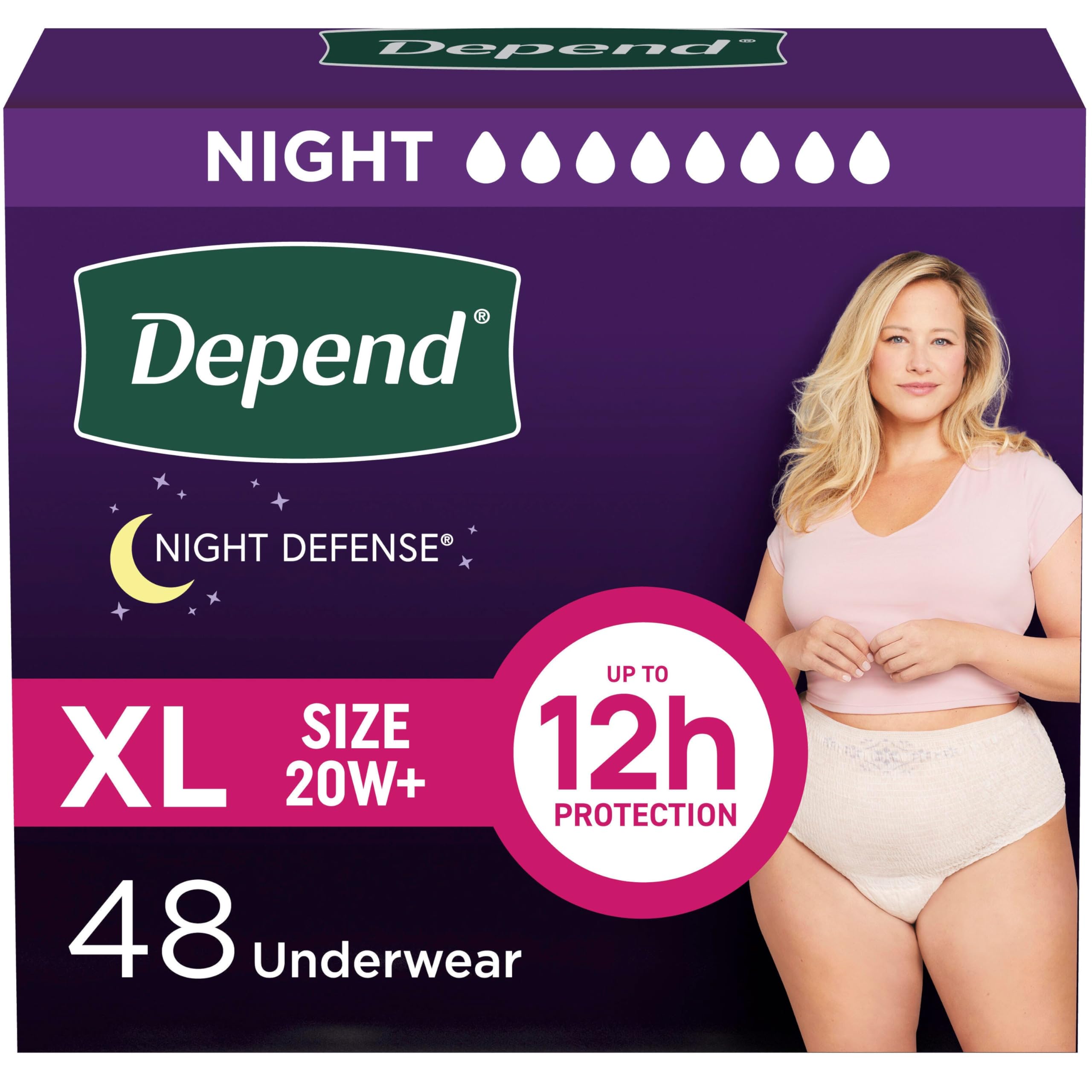 Night Defense Adult Diapers, Incontinence & Postpartum Bladder Leak Underwear for Women, Disposable, Overnight, Extra-Large, Blush, 48 Count (4 Packs of 12), Packaging May Vary
