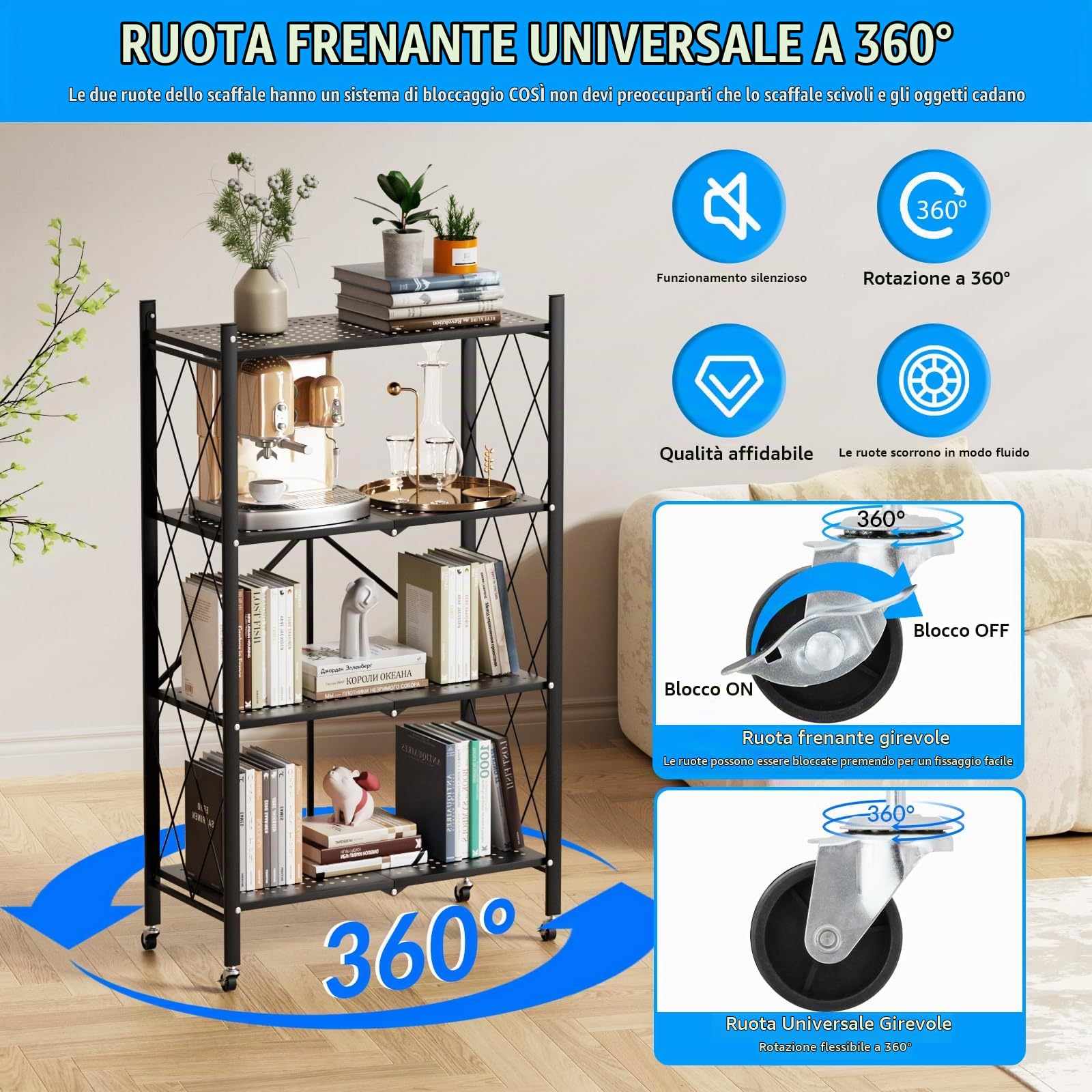 Pieghevole Scaffali in Metallo con Ruote,4 Piano Ripiano Scaffale con Ruote,Soggiorno con 4 Ripiani,gehören Camera da Letto,caffale Pieghevole,Mobili per Cucina