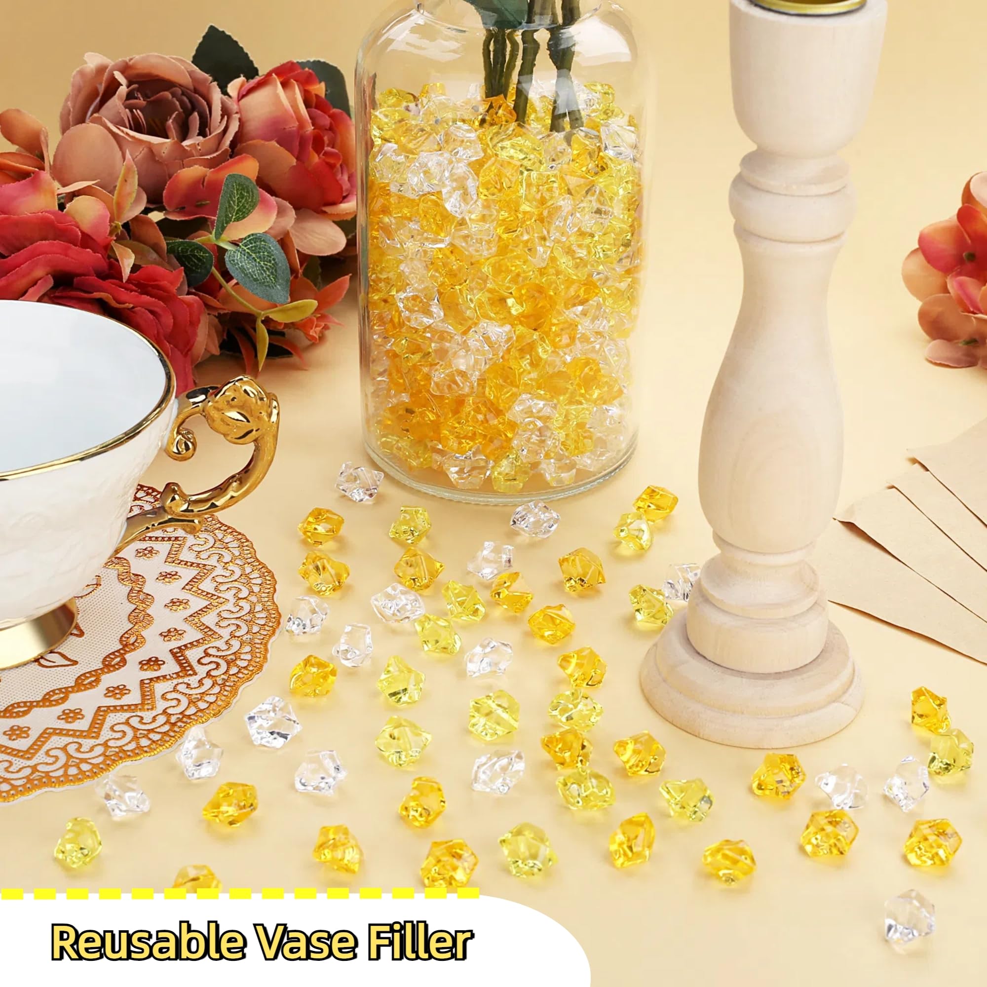 MAIBAOTA 500 PCS Yellow Fake Ice Cubes 11x14 mm Vase Fillers Acrylic Crushed Ice Rocks Plastic Diamonds Gems Decorative Stones for Wedding Party Table Decorations and DIY Crafting - Image 3