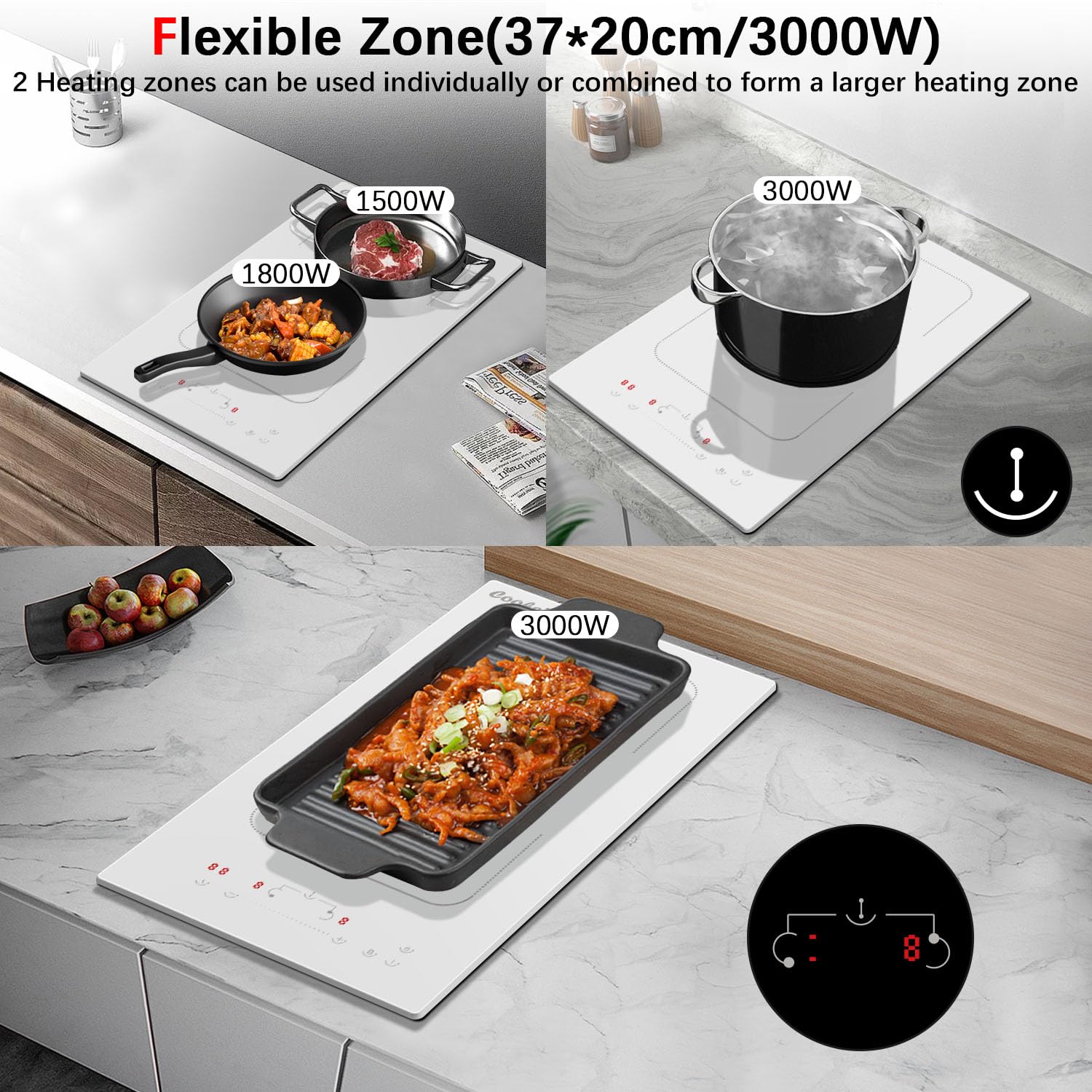 Cooksir Induction Hob, 2 Plates with Plug, Double Built-in Hob, 30 cm, Hob 2 Hobs with Frame, 3500 W, Combination Zone for Grill, Slider, Touch, Safety Lock, 240 V Cooksir Induction Hob, 2 Plates with Plug, Double Built-in Hob, 30 cm, Hob 2 Hobs with Frame, 3500 W, Combination Zone for Grill, Slider, Touch, Safety Lock, 240 V