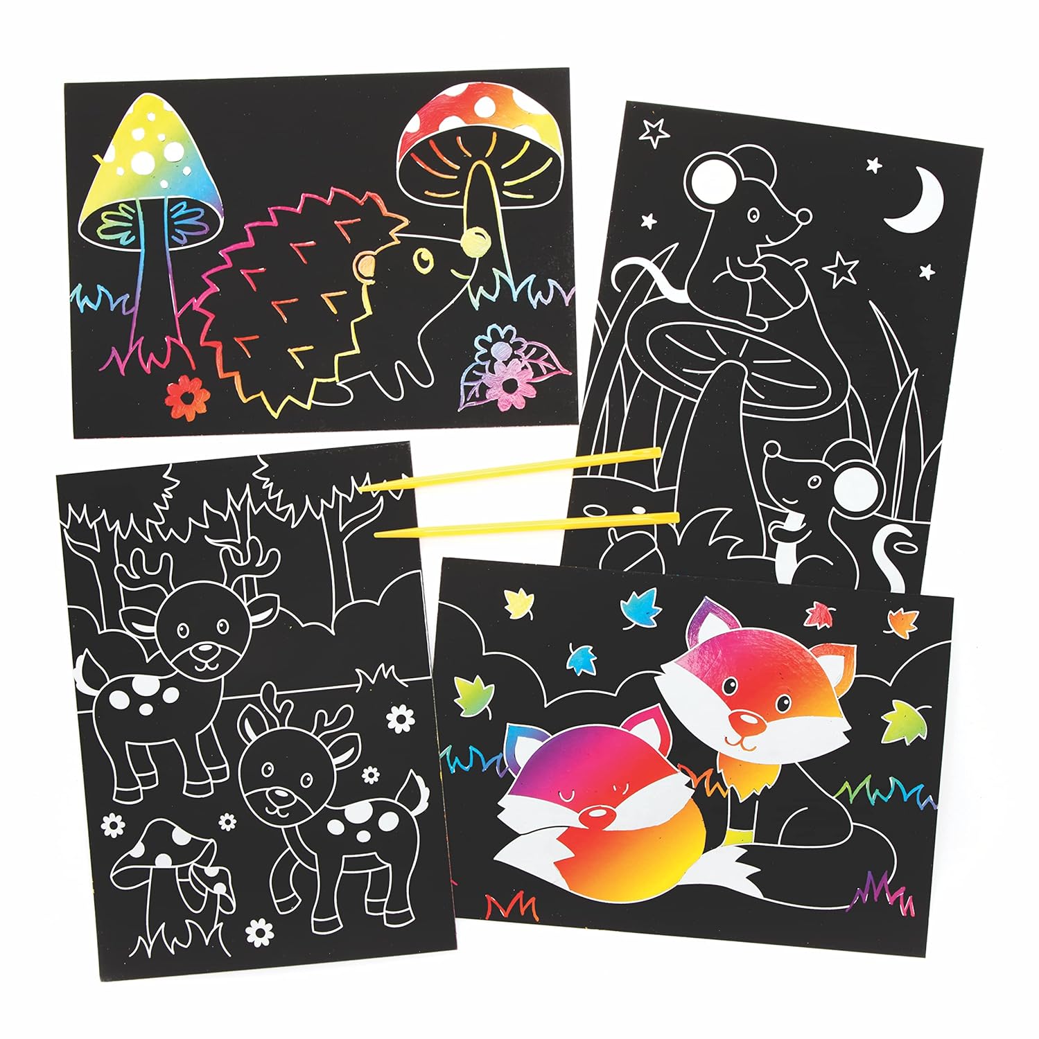 Baker Ross Woodland Animal Scratch Art Pictures - Pack of 8, Rainbow Scratch Art, Children’s Activity Packs, Creative Activities for Kids (FE712)