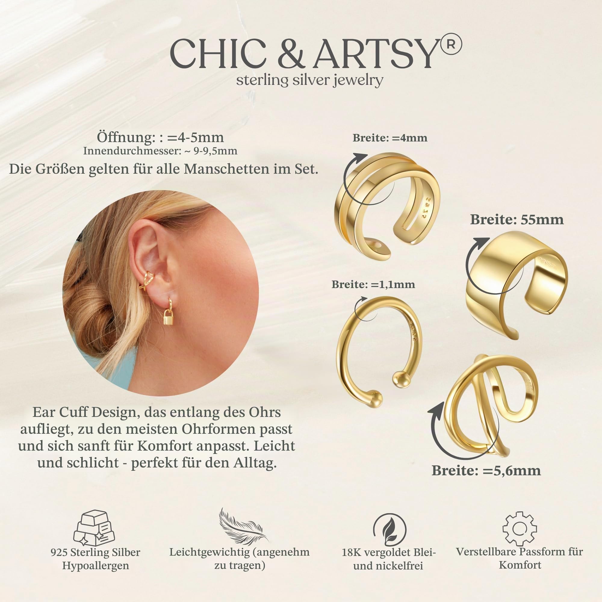 CHIC & ARTSY Ear Cuff Set Damen Ohrmanschette Ohrringe 925 Sterling Silber Earcuffs Set Helix Knorpel Ohrmanschette Ohne Ohrloch Wickelohrring Fakepircings Ohr Cuffs Ohrklemme