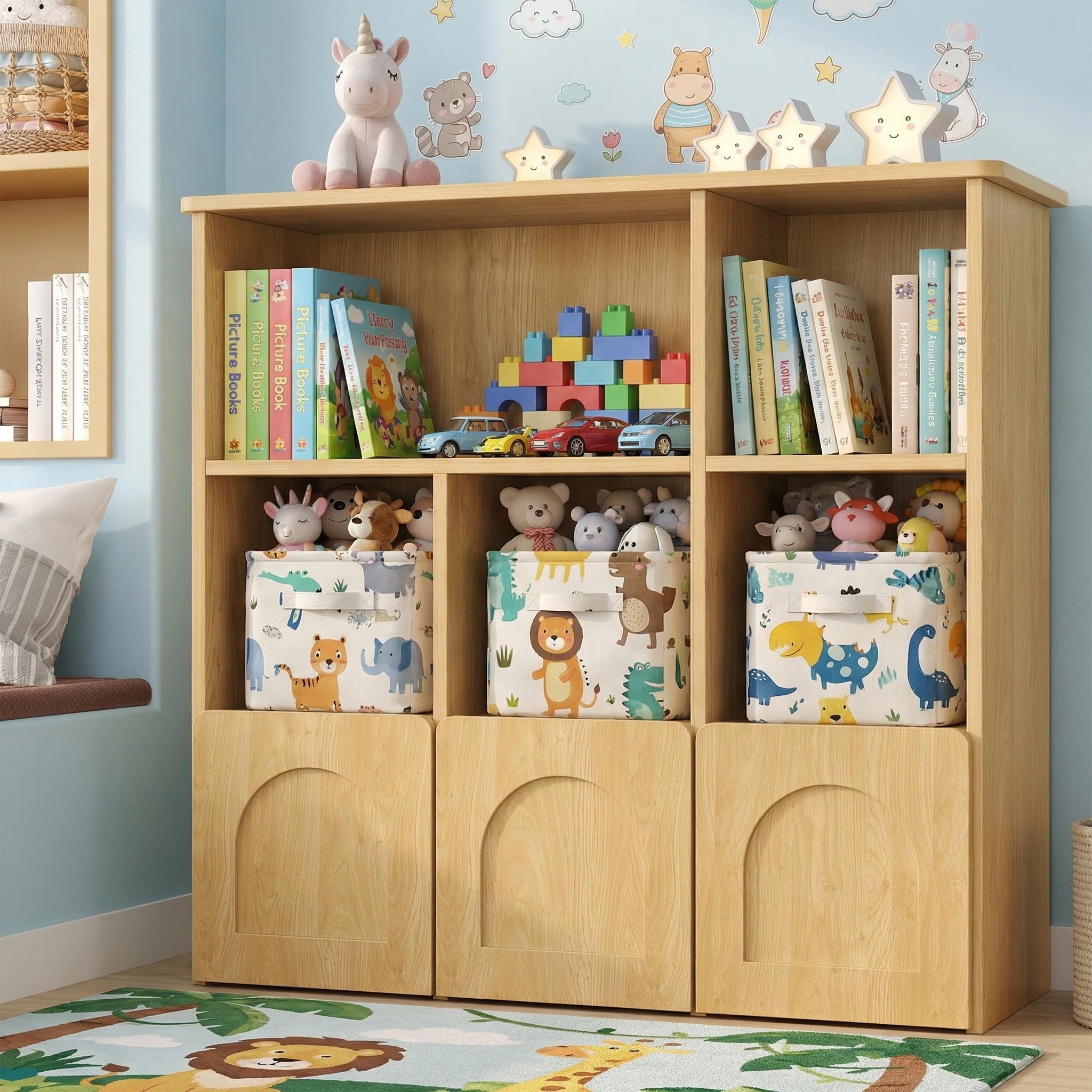 Toy Storage Organizer with 3 Movable Drawers,Montessori Bookshelf with 5 Open Cubbies,White Kids Bookshelf with Wall Mounting Hardware for Playroom,Den Kids Room