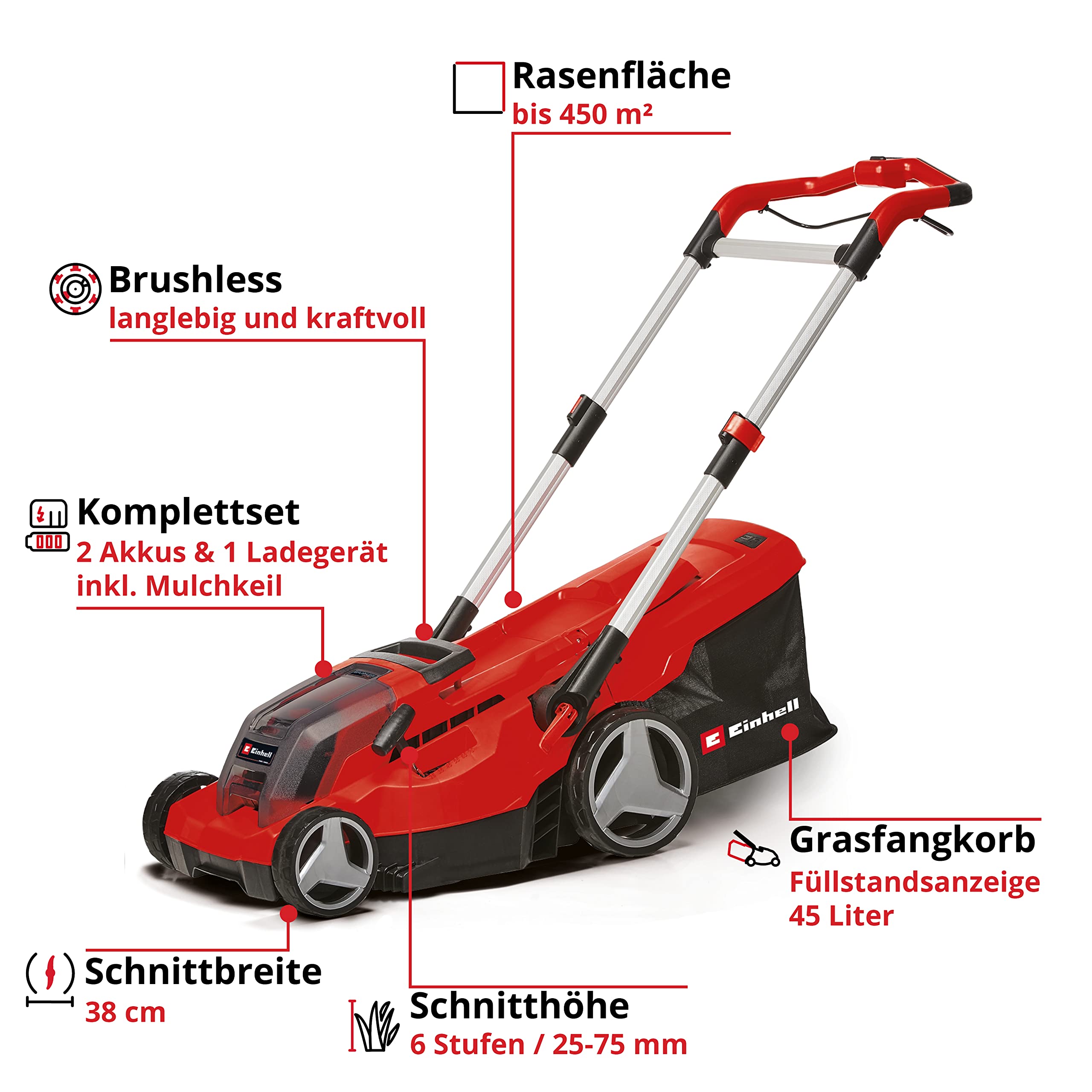 Einhell Akumulatorowa kosiarka GP-CM 36/450 Kit Power X-Change (36 V, szerokość cięcia 38 cm, 450 m², bezszczotkowa, funkcja mulczowania, worek 45 l, w zestawie 2 akumulatory 4,0 Ah + podwójna ładowarka)