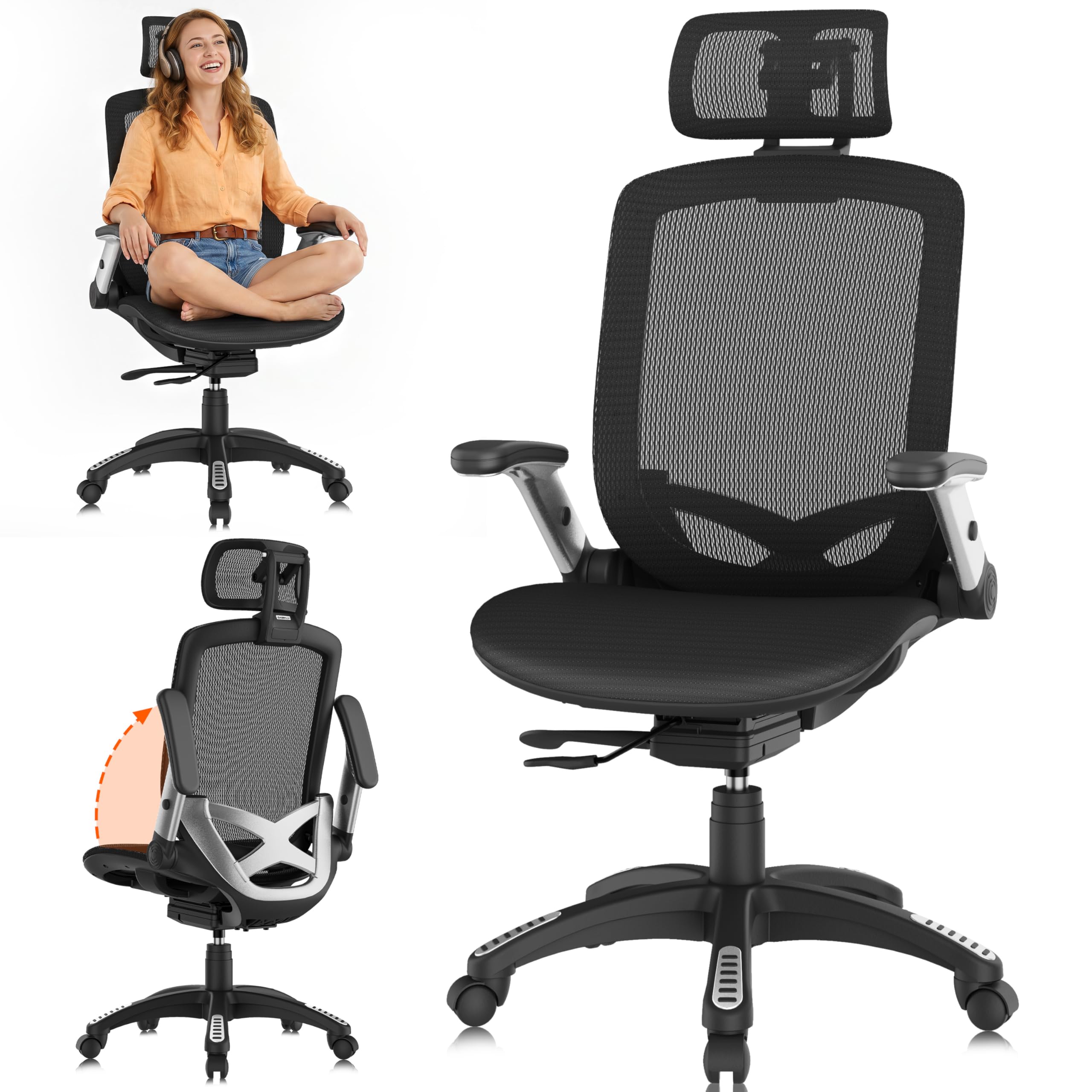 Ergonomic Office Chair, High Back Mesh Desk Chair with Adjustable Seat Depth, Flip-Up Arms, 3D Headrest, 120° Recline, Comfy Heavy Duty Computer Gaming Executive Work Chairs for Home Office Long Hours