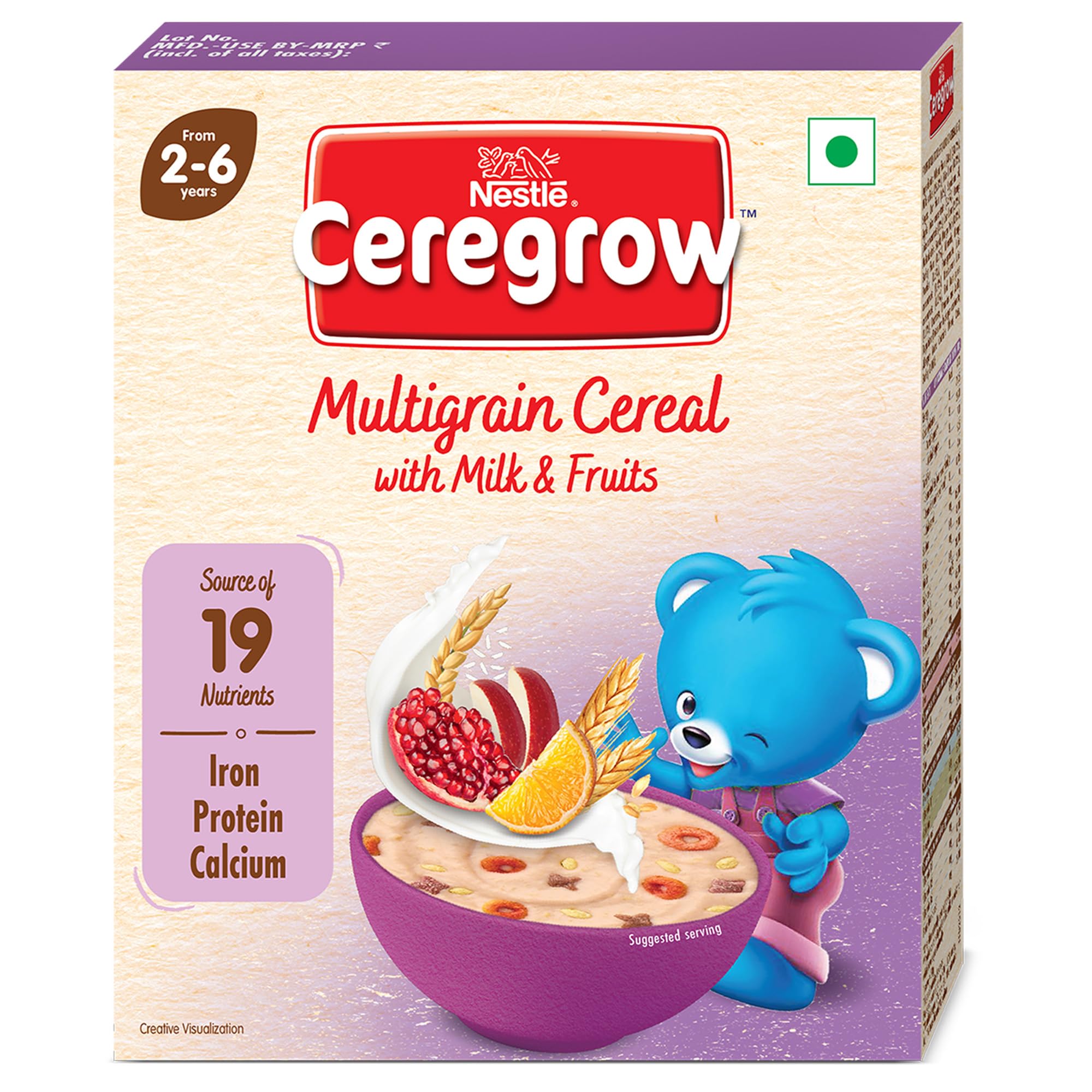 CEREGROW Multigrain Milk & Fruits Cereal | With Iron, Protein, Calcium | 19 Nutrients | 300g, Bag-in-box Pack (Package May Vary)
