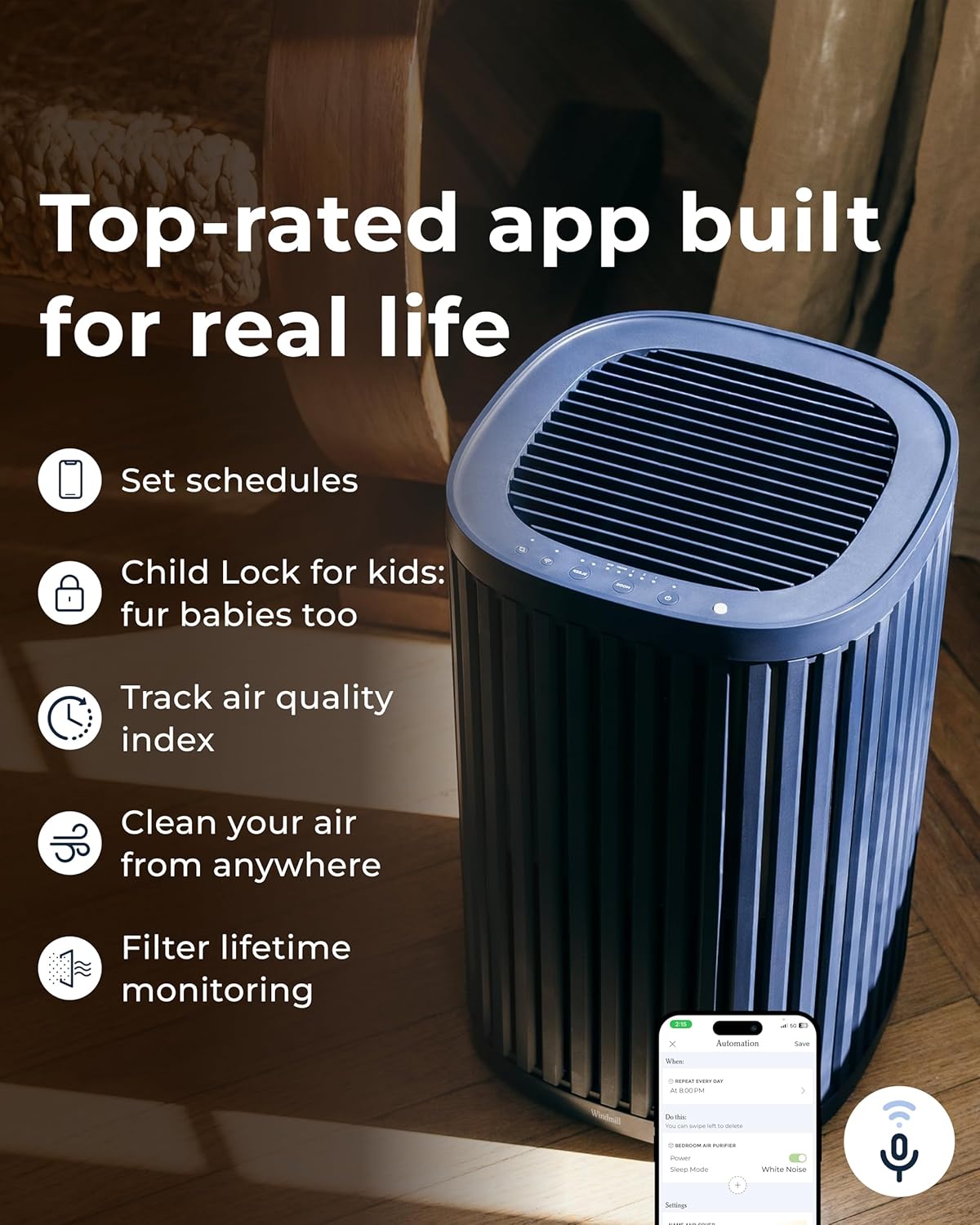 Windmill Air Purifier for Home - 3-In-1 Filtration for Dust, Smoke, & More - True HEPA Filter, Activated Carbon, & Pre-Filter - Ultra-Quiet - App Compatible - Covers Up To 975 sq ft - Sand