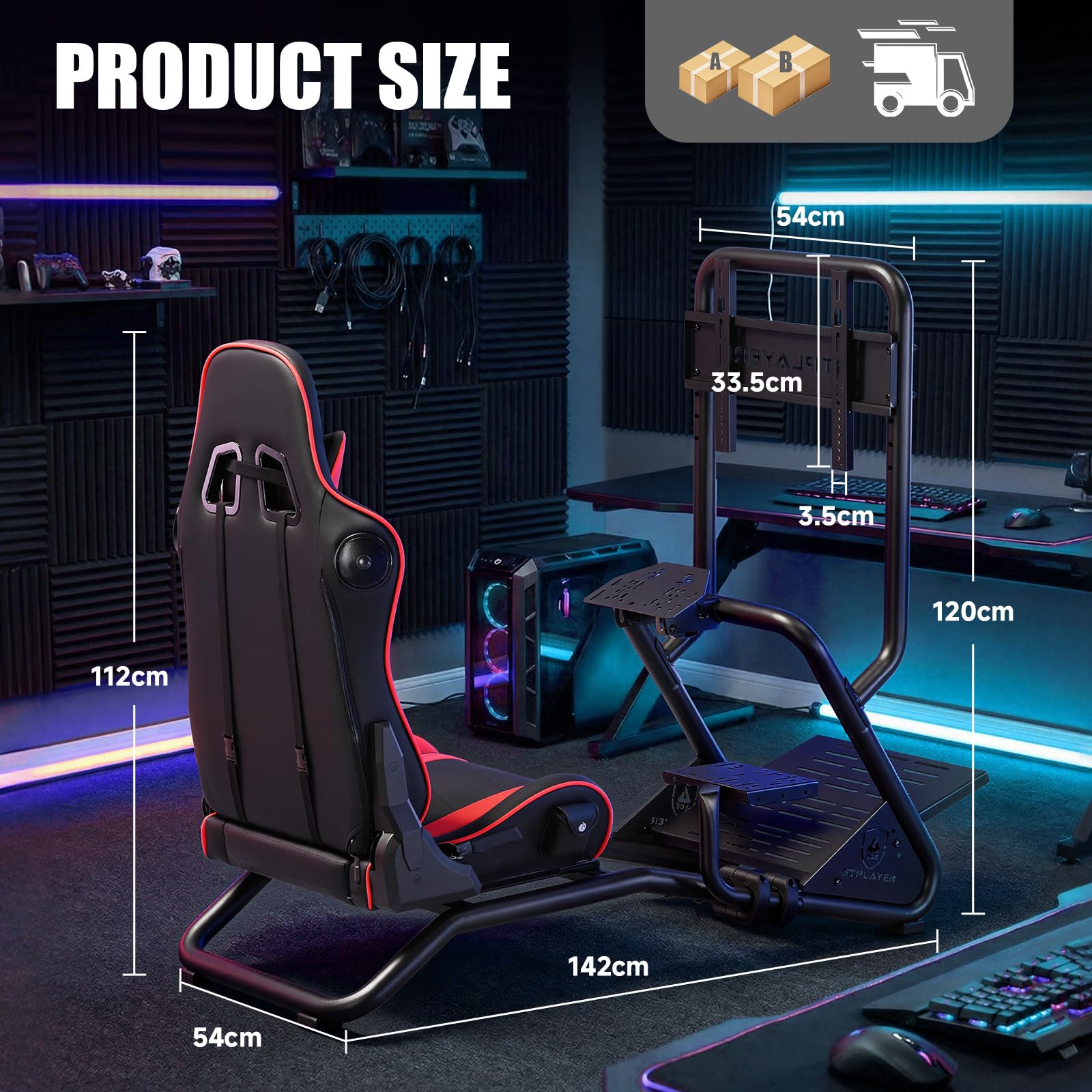 GTPLAYER Simulator Cockpit, Supporto per volante da simulatore di corse con altoparlanti stereo 3D, con supporto regolabile per volante, monitor, cambio e pedali (Rosso)
