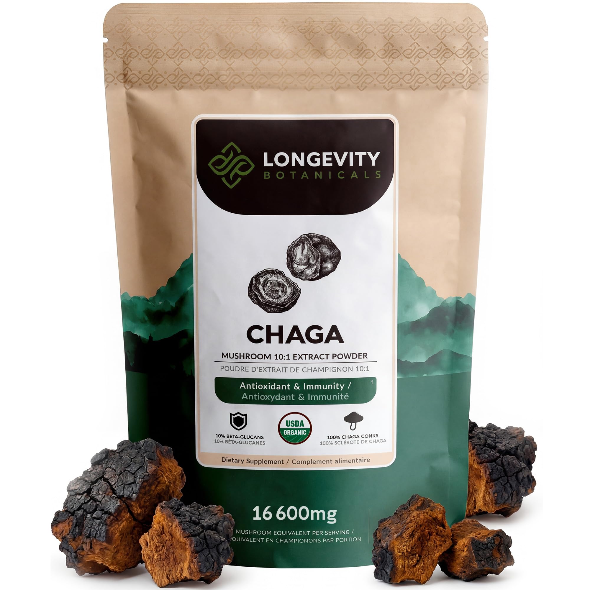Longevity Botanicals Organic Chaga Mushroom Powder - Ultra Concentrated Supplement - Promotes a Balanced Immune System, Relaxation, Stress Relief and Improved Sleep - 100% Fruiting Body - 100 Grams