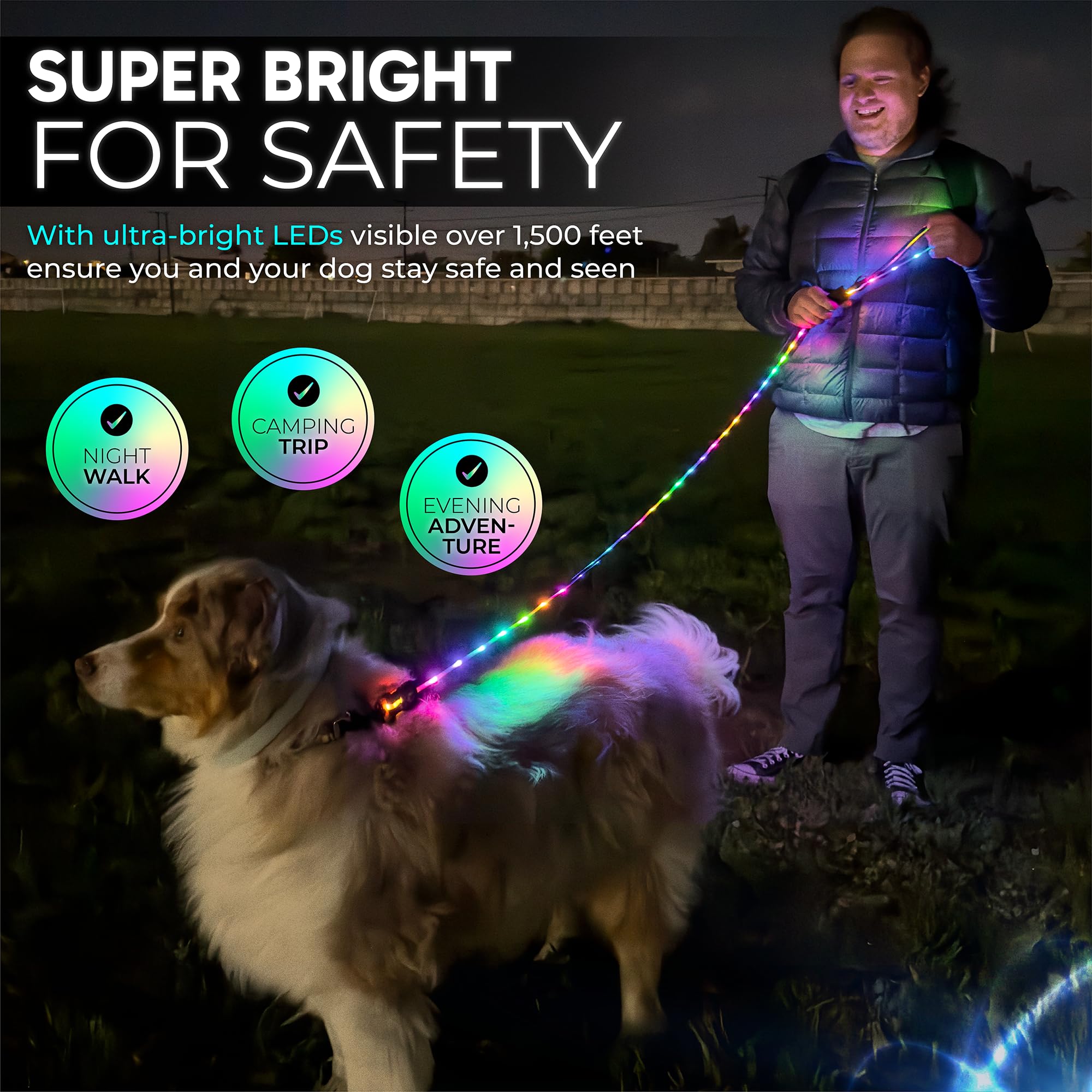 Luminoid LED-Hundeleine, wiederaufladbar über USB, RGB-Farbwechsel, beleuchtete Hundeleine, Hundeleinen machen das Haustier sichtbar und sicher für nächtliche Spaziergänge, 12 animierte Effekte,