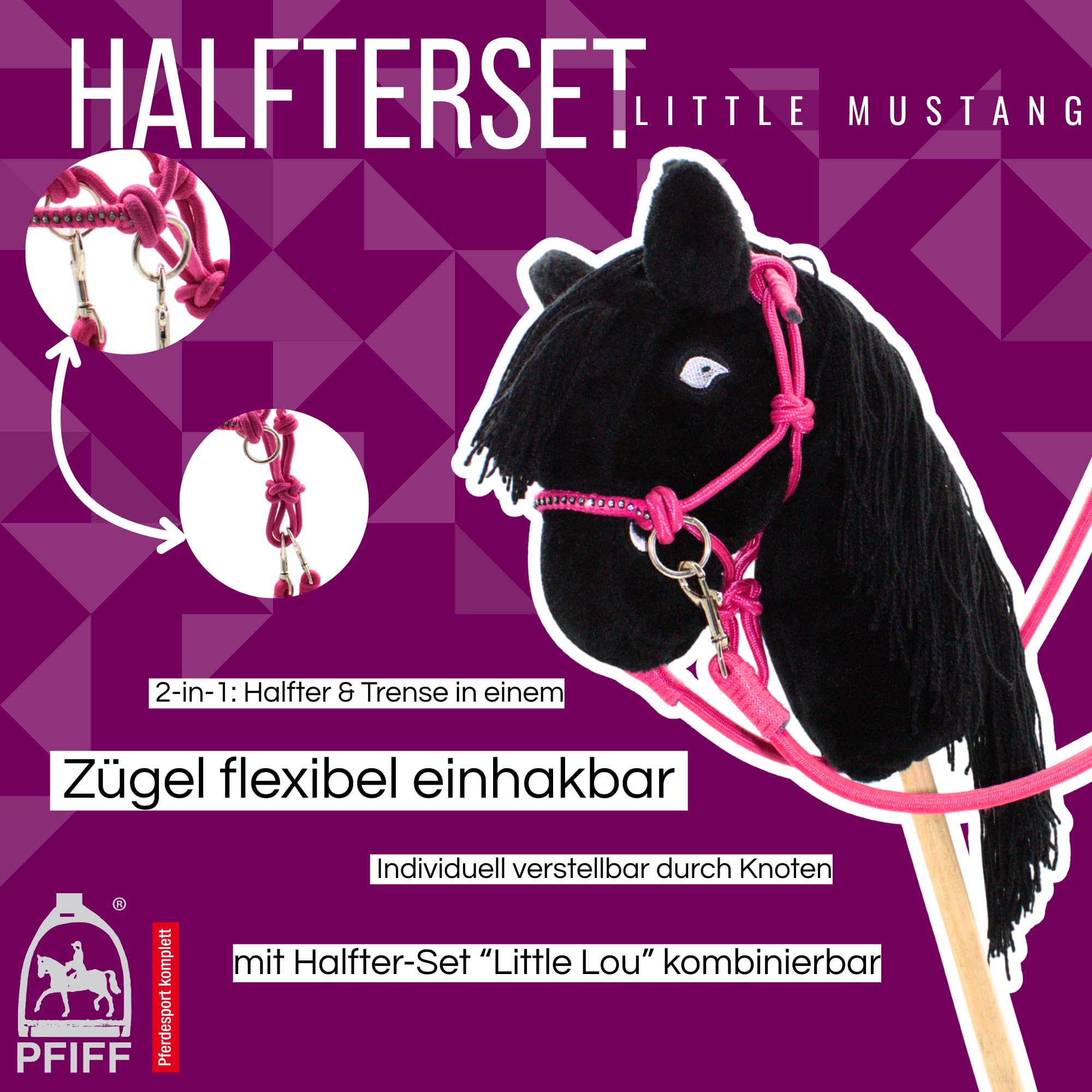 PFIFF Hobby Horse 103130 - Set di Cavezza Little Mustang, Cavezza con redini, Set di Cavezza Regolabile con Pietre Glitterate, Colore: Turchese