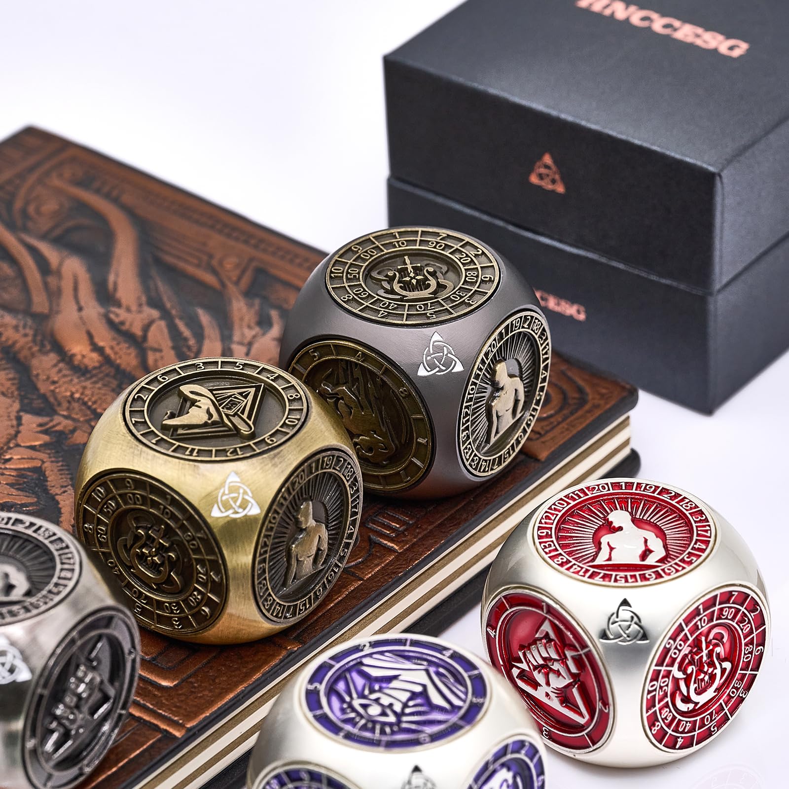 Dé Rotatif DND 7 en 1 en Métal, Dé 6 Faces pour Jeu de Rôle Donjon et Dragon, D4 D6 D8 D10 D12 D20 D00, Dé Spinner RPG avec Coffret Cadeau (Noir Bronze Mat)
