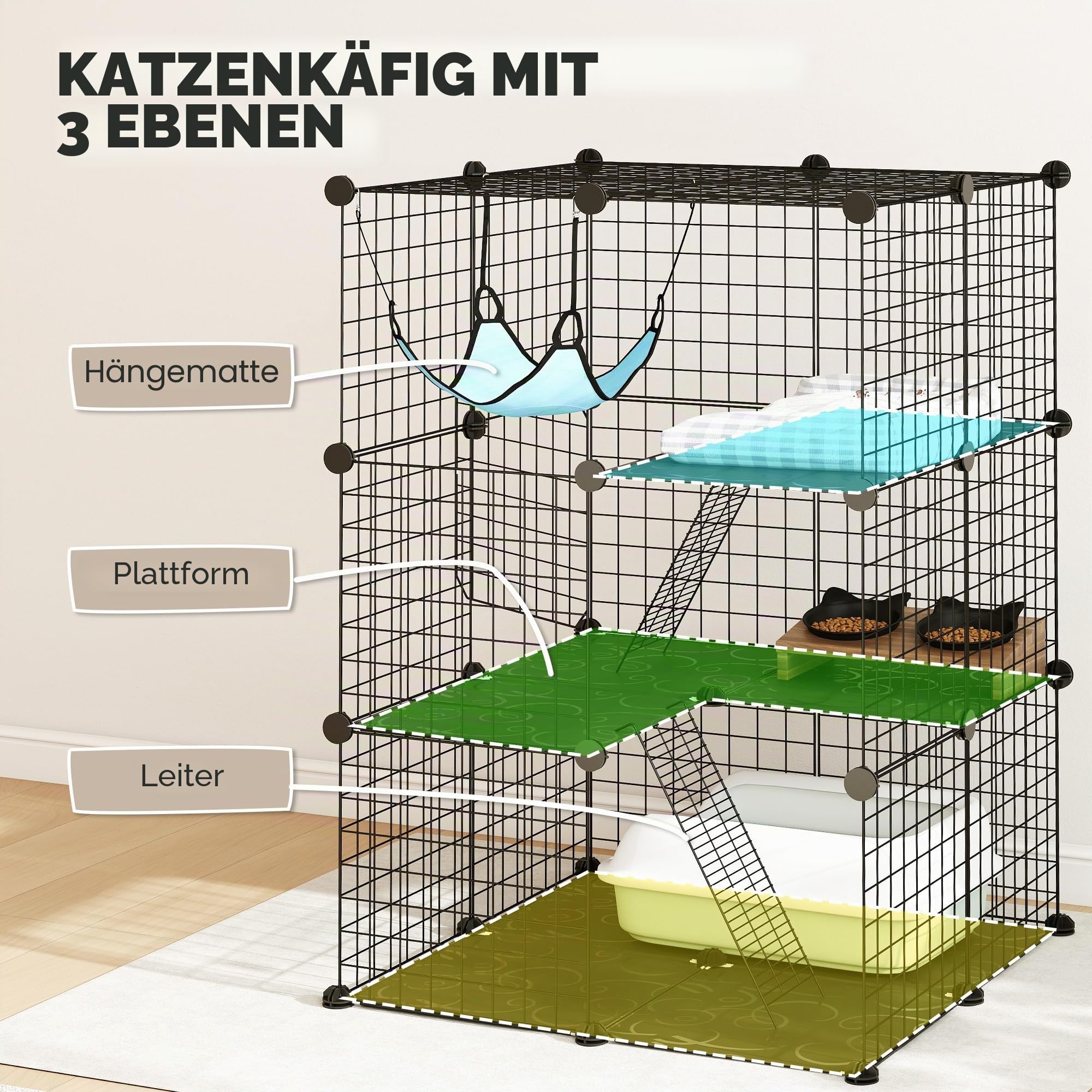 PawHut 3-stöckiger Katzenkäfig mit Hängematte, Plattform und Leitern, Haustierkäfig aus Stahl und PP, 70 x 70 x 105 cm, schwarz und blau