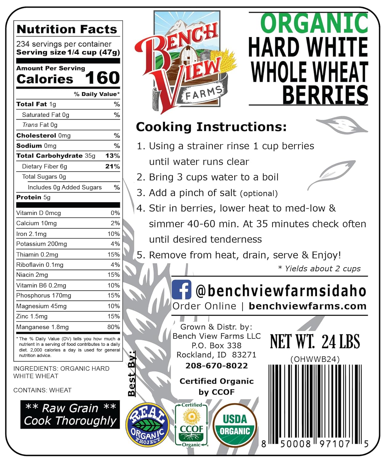 Organic Hard White Wheat Berries - 24lbs