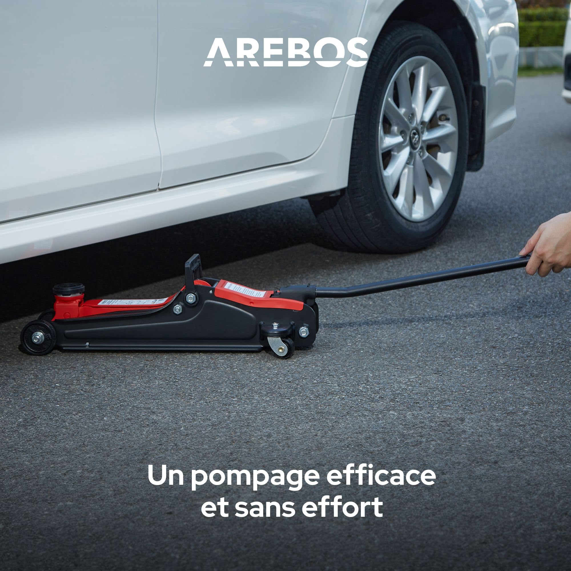 Arebos Cric hydraulique de manœuvre plat 2T | Hauteur d'appui 85-385 mm | 4 supports | Cric pour voiture tourisme