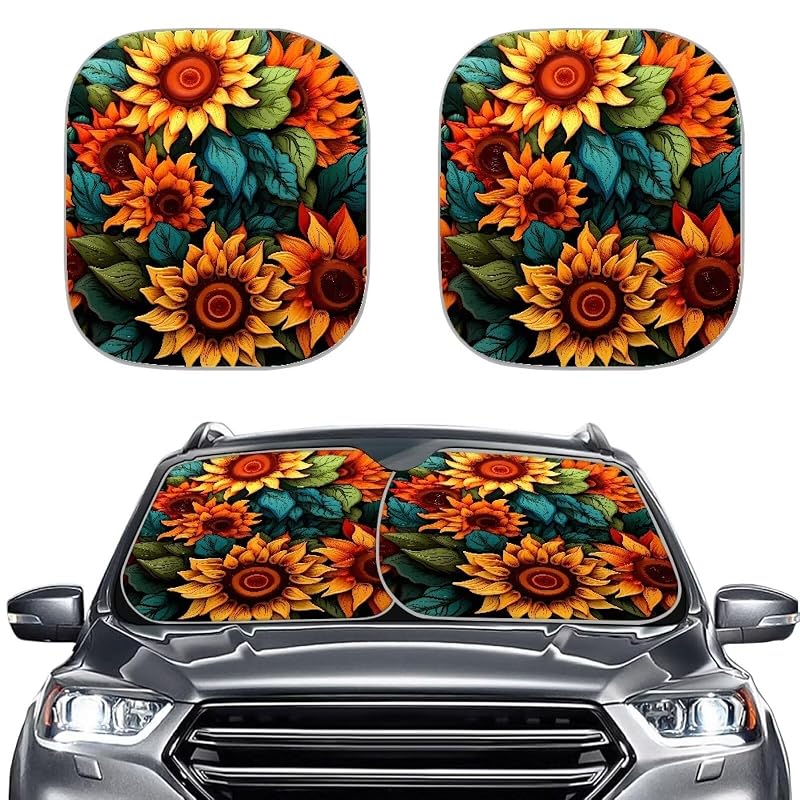 Protetor solar dobrável para para-brisa com estampa Vintage Sunflower, refletivo e 2 unidades