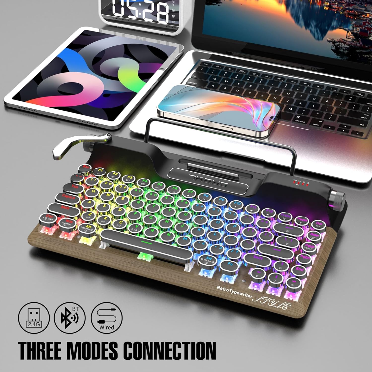 7KEYS keyboard showing three modes of connection: 2.4G, Bluetooth, and Wired