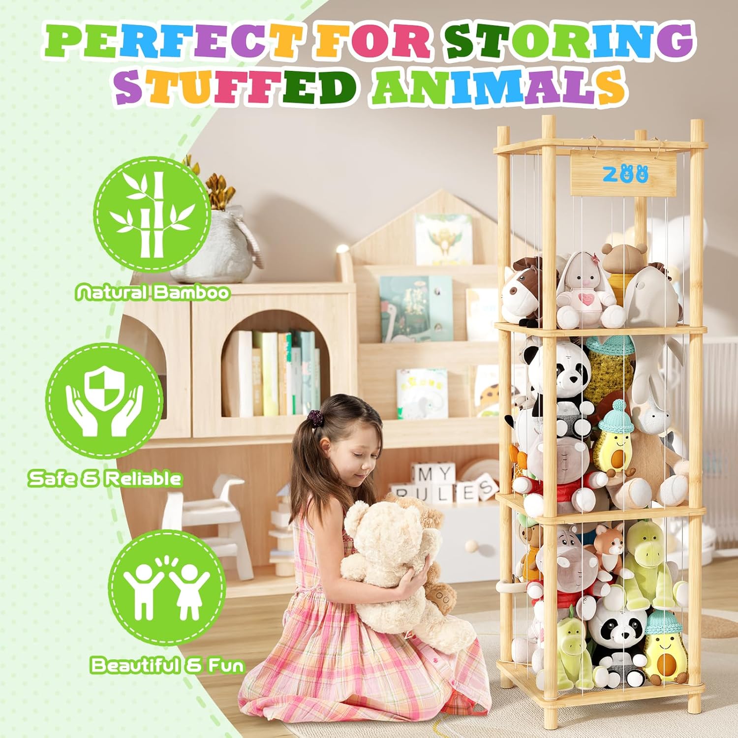 Stuffed Animal Storage - Bamboo Toy Organizer for Kids Room, Playroom & Nursery | Cute Zoo Design to Tidy Stuffed Toys, Plush Animal Holder