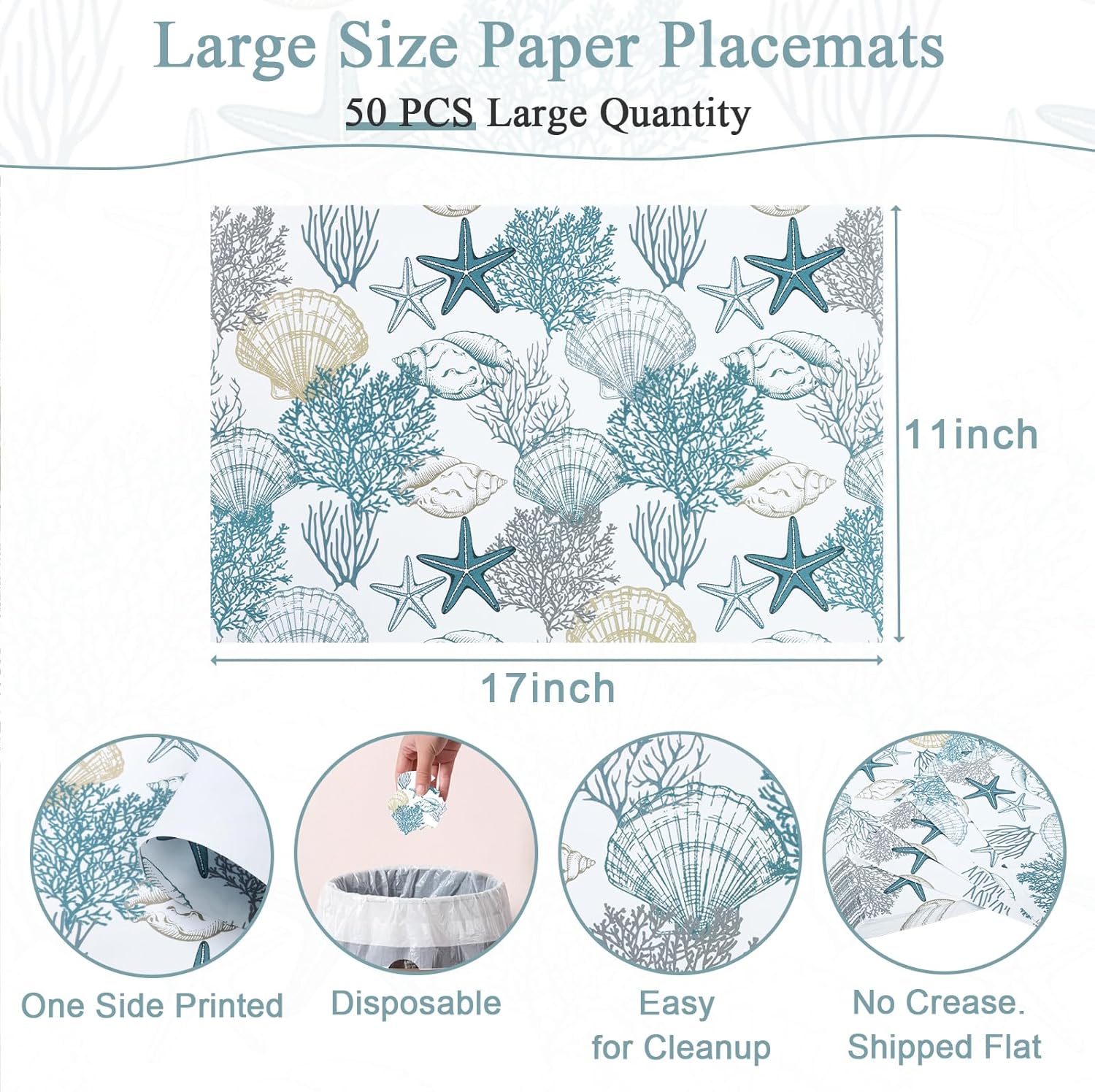SHACOS 50 pcs Coastal Paper Placemats 11x17 inch Starfish Sea Shell Coral Disposable Paper Place Mats for Dinner Wedding Birthday Party Beach Ocean Nautical Table Decoration (Pack of 2)