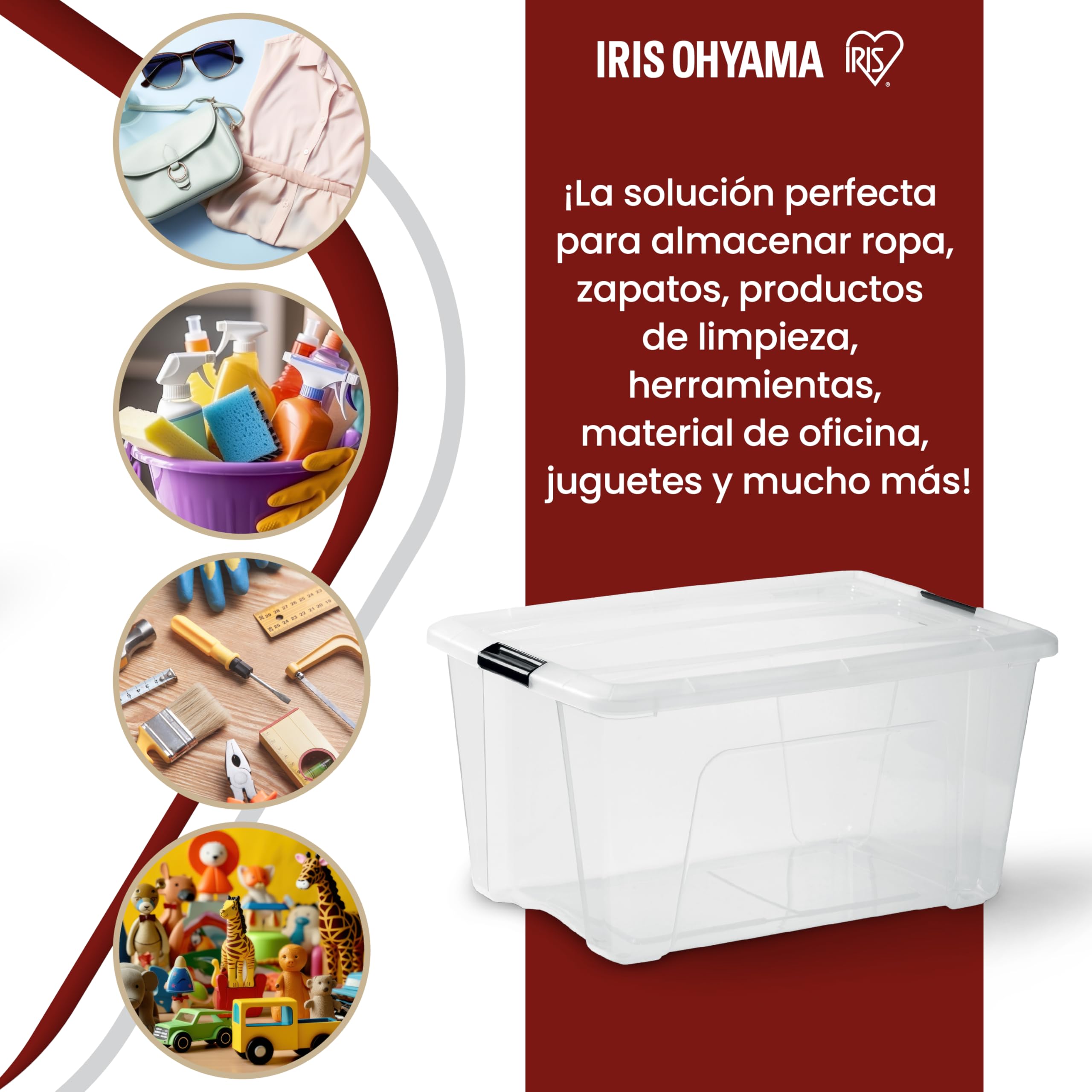 Iris Ohyama 6 Cajas de almacenamiento con tapas, 45L, Transparente, Clips de Cierre, Duradero, Apilable, para Dormitorio, Armario, Oficina, Organizadora, Ropa, Libre de BPA, NTB-45