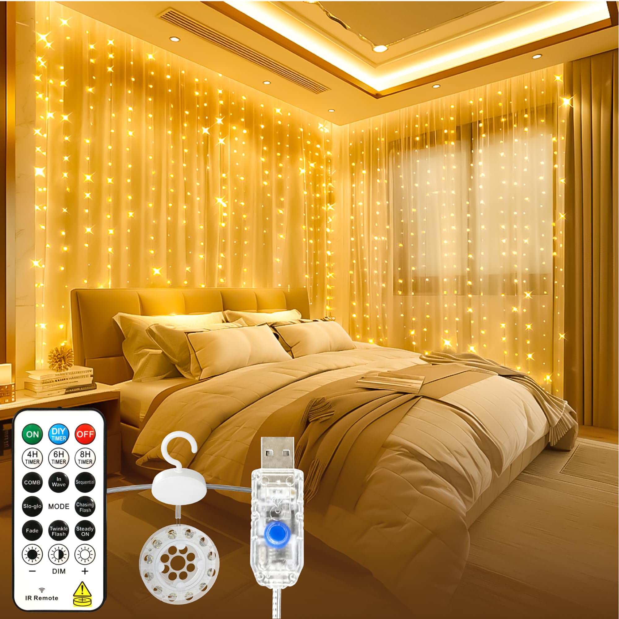SINAMER Lichtervorhang Innen 3x3m, 300 LEDs USB, Fernbedienung & 8 Modi