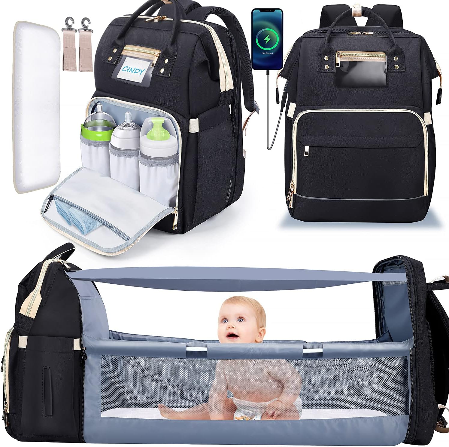 changing bag with insulated bottle pockets