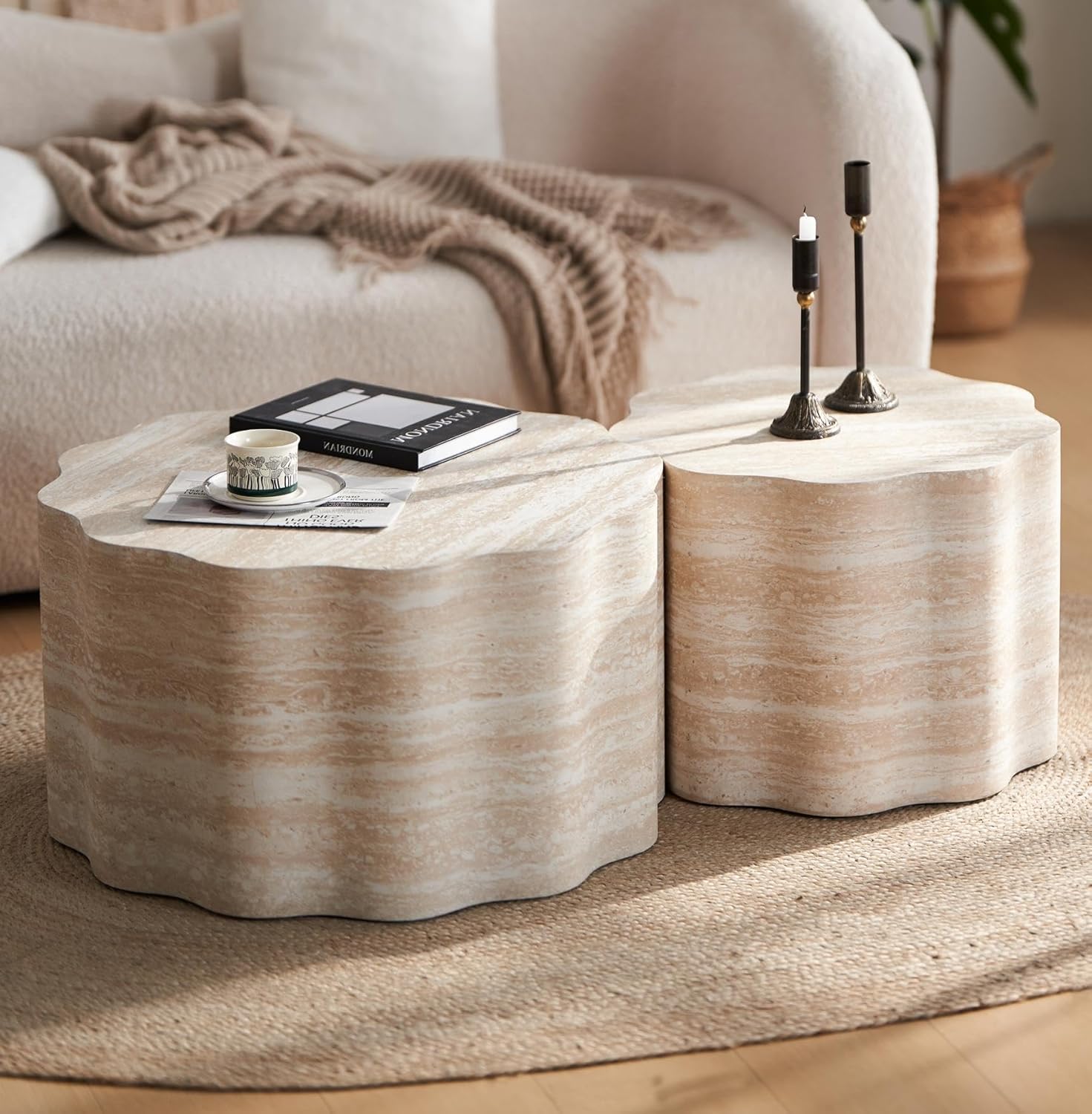 Rustic Organic-Shaped Coffee Tables Set of 2, Whitewashed Wood Finish, Modern Decorative Side Tables with Scalloped Edges, Living Room Furniture