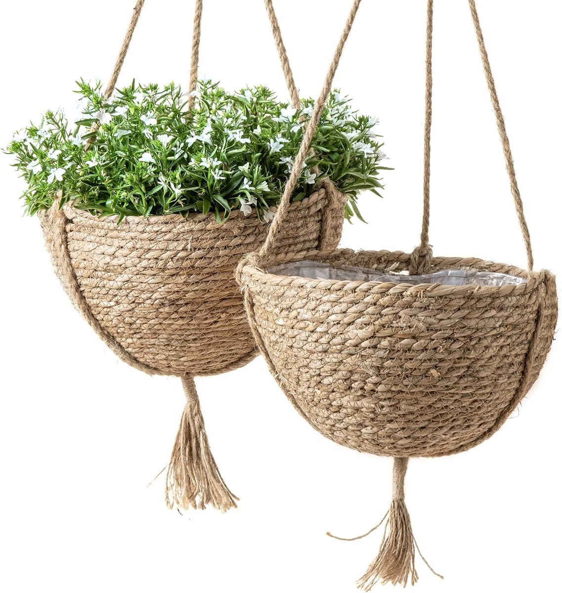 Natural Seagrass Hanging Planter Basket Set, Indoor Plant Pots, Boho Decor Plant Pot Cover, 12.4 (D) 6.3 (H) Inch, Pack 2 | Natural Seagrass Hanging Basket with Plastic Liner, Boho Decor Planter for Indoor Plants, Living Room, Bedroom & Office