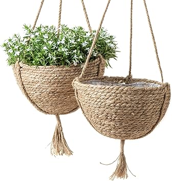 Natural Seagrass Hanging Planter Basket Set, Indoor Plant Pots, Boho Decor Plant Pot Cover, 12.4 D 6.3 H Inch, Pack 2