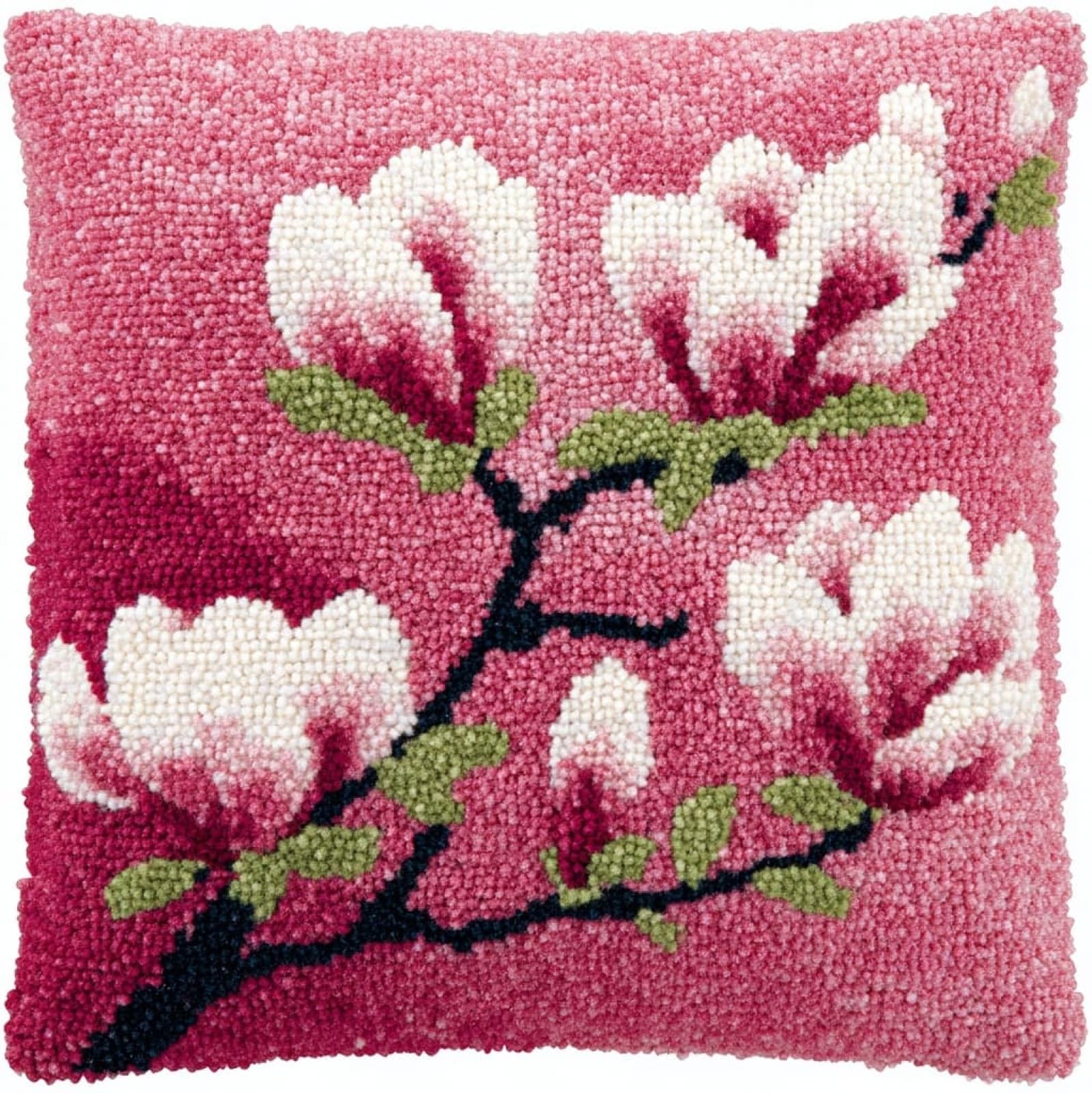AxiangziK Latch Hook Cushion Kit 43x43cm,Magnolia Complete Needlecraft Set with Pre-Cut Yarn & Tools,Creative Home Decor Gift for All Ages