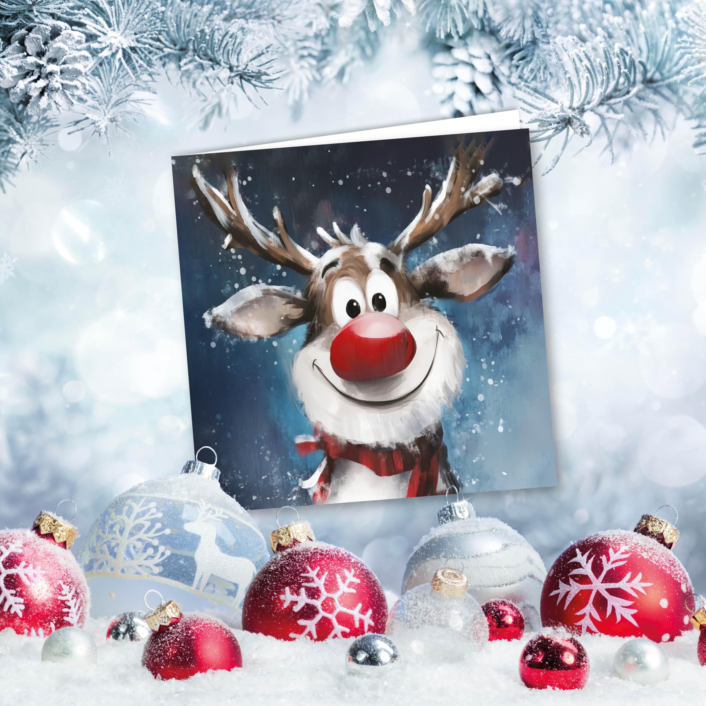Charity Christmas Cards Pack of 32. Each Christmas Card multipack has 4 different Funky Reindeer designs. Ecofriendly and UK made. Verse Inside. Small 100 x 100mm card size - Image 2