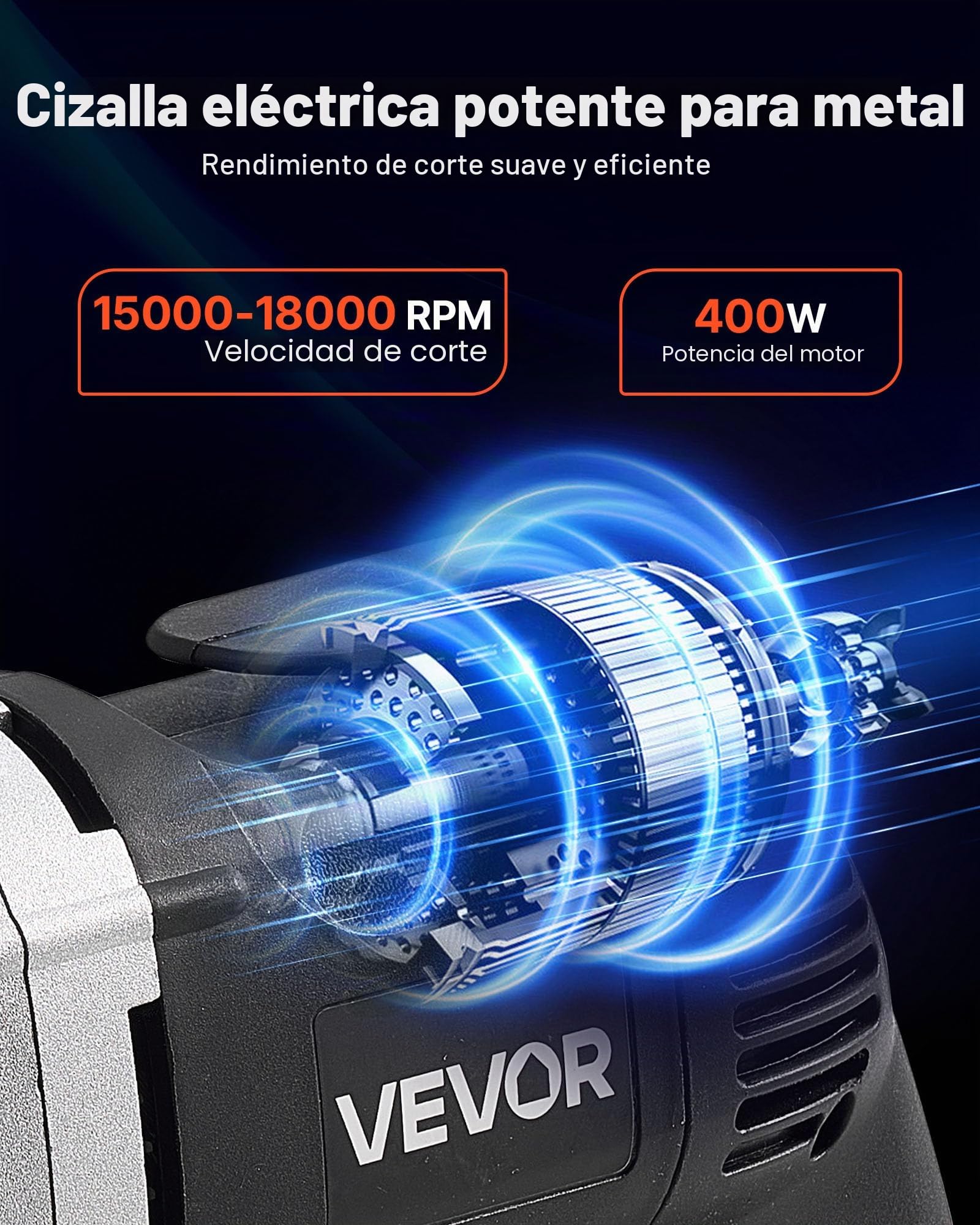 VEVOR Tijeras Eléctricas para Chapa Metálica, con Cable de 4.0 A, Cabezal Giratorio de 360°, Velocidad Variable, Corte Continuo y Limpio para Acero Galvanizado 1,22 mm y Acero Inoxidable 1 mm