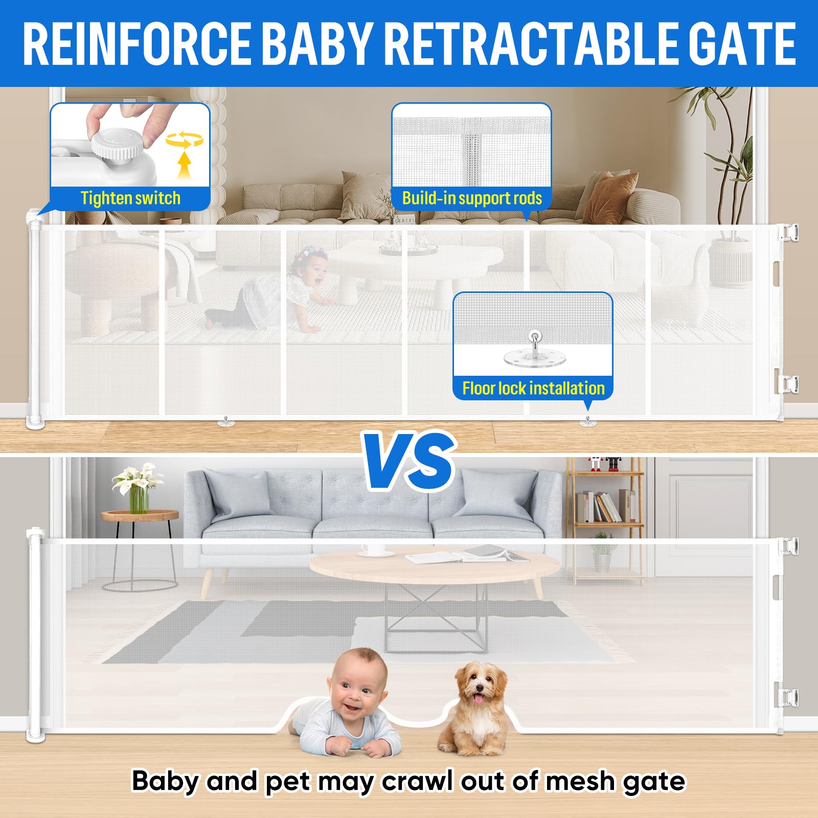 Cancelletto di Sicurezza Retrattile per Bambini, 0-254 cm Cancelletto Estensibile per Bambini Scale e Corridoi Interni ed Esterni Cancello per Cani (Bianco)