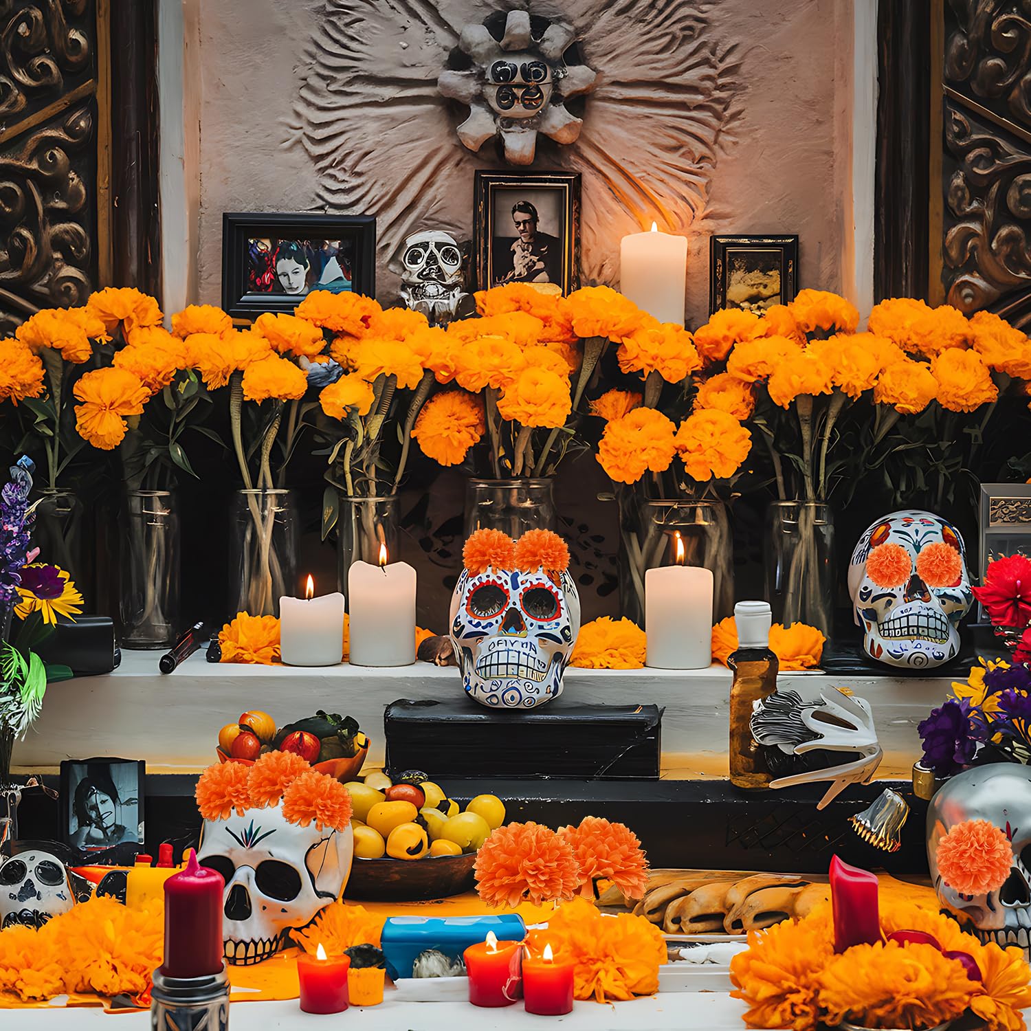 Ringelblumen-Blumen, mexikanische Seiden-Ringelblumen, künstliche Blumen mit Stielen für den Tag der Toten, Dia de Los Muertos Diwali, Dekoration, Halloween, DIY, Ringelblumen-Girlande für
