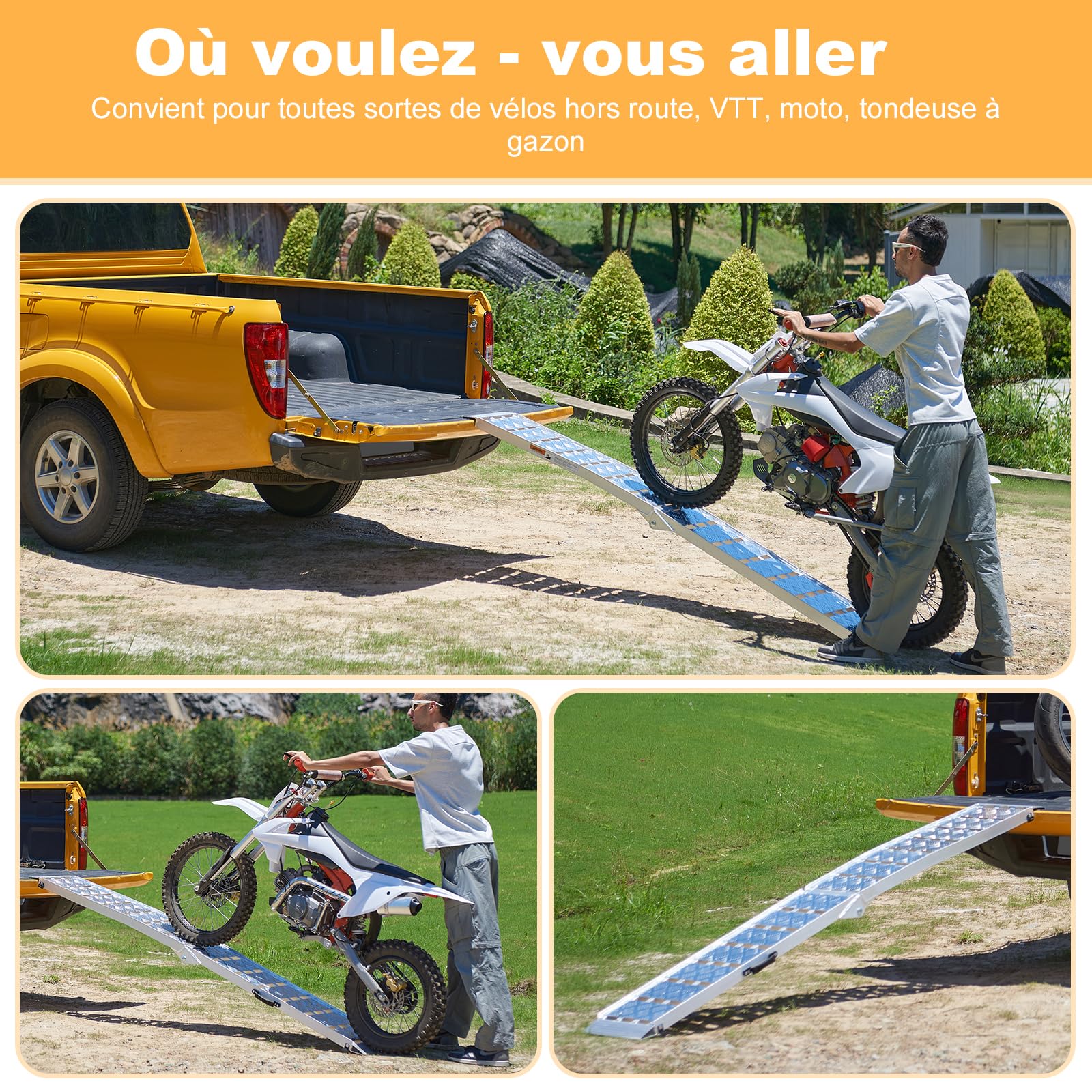 gardhom Rampes de manutention Antidérapante 340kg Aluminium Rampe Voiture 228x28x4.5cm Pliante Rampe de Chargement pour Tondeuse à Gazon, Vélo, Moto et Quad