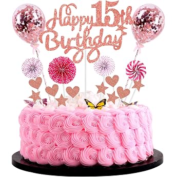 Cake Decoration 15th Birthday Hello 15 Cake Topper Rose Gold with Heart Star Balloon Cake Decoration Happy 15th Birthday 15 Years Girl 15th Birthday
