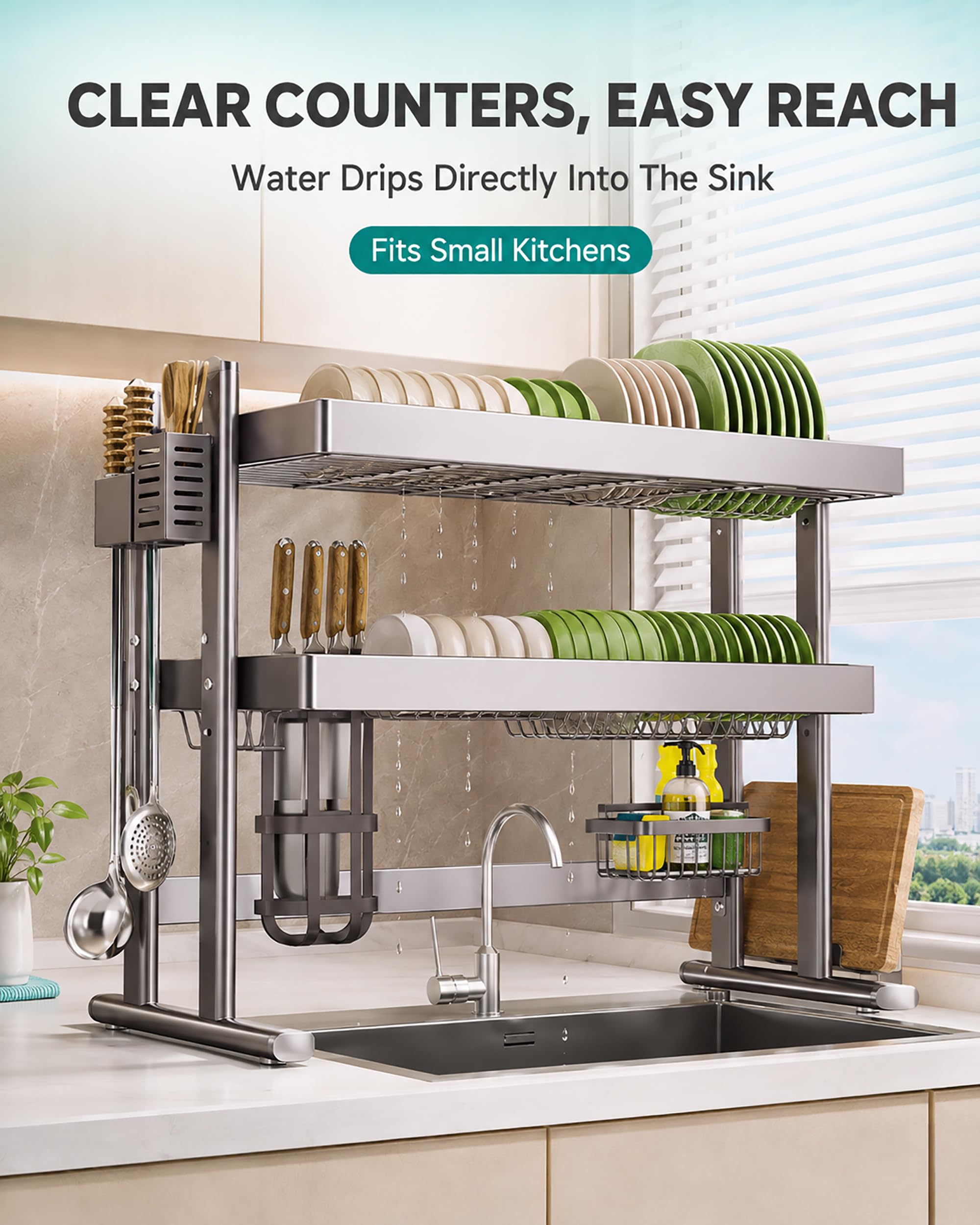 Scolapiatti da sopra Lavello Acciaio Inox - Organizer Cucina Salvaspazio con Scolapiatti Doppio Livello - Porta Utensili e Ganci - 14 Piatti e 9 Ciotole