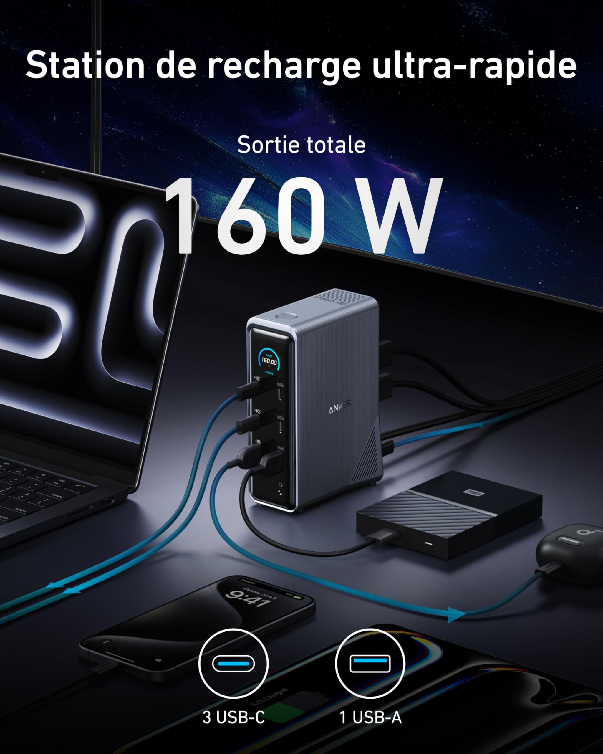 Anker Prime Station d'accueil 160W, 14 Ports, Transfert 10 Gbit/s, Interface Intelligente, Ports Audio/Ethernet, Double 4K pour Dell, MacBook et Plus