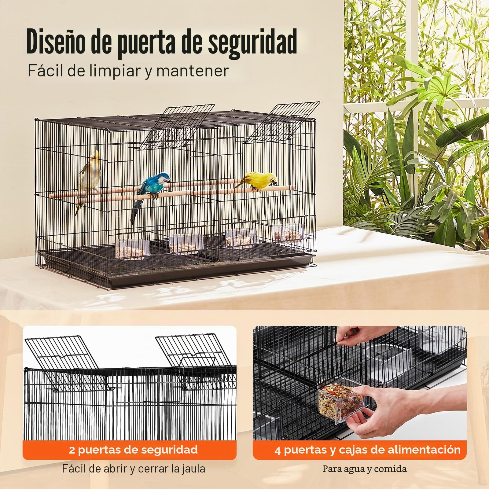 VEVOR Jaula para Pájaros de 760 x 465 x 465 mm, Jaula para Periquitos Pequeños con Divisor, 5 Perchas y 4 Comederos, Jaula para Pájaros de Metal Resistente para Loros, Canarios, Agapornis, Negro