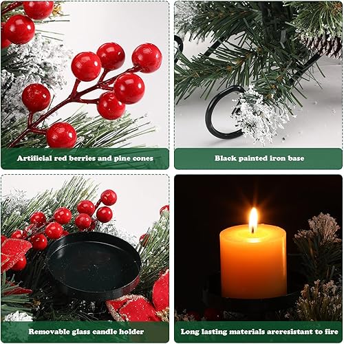 Miniatura 3 de Centro de mesa artificial de Navidad con 3 portavelas, flores rojas, bayas rojas y conos de pino nevado, base de acero, decoración de Navidad para
