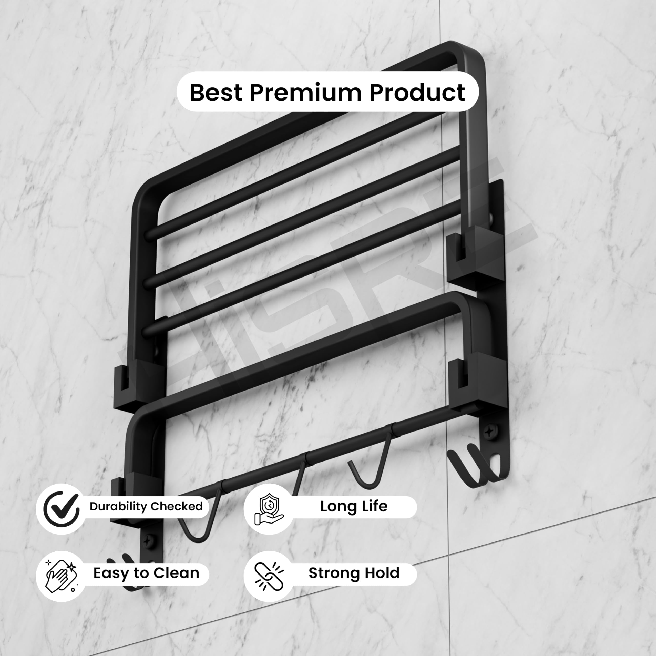 HISRE Wall-Mounted Stainless Steel Towel Rack with Shelf & Hooks | Chrome Finish Bathroom Towel Holder with Storage Shelf for Towels & Accessories, photo 4 of 5