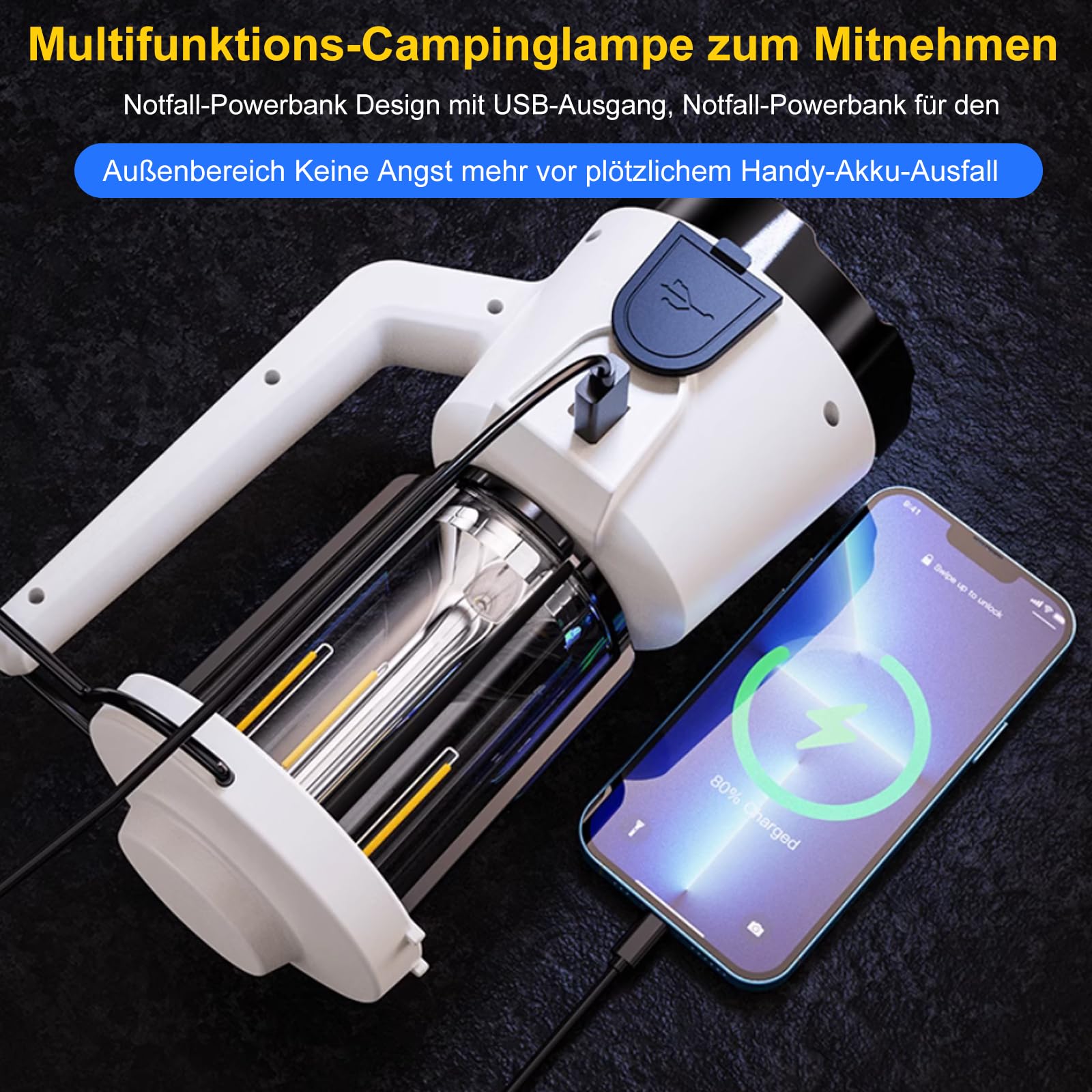 Lixada Lampada da campeggio a LED, IP64, impermeabile, ricaricabile, batteria integrata da 3600 mAh, 3 modalità di luce, torcia per avventura, escursionismo, pesca, SOS, guasti, emergenze