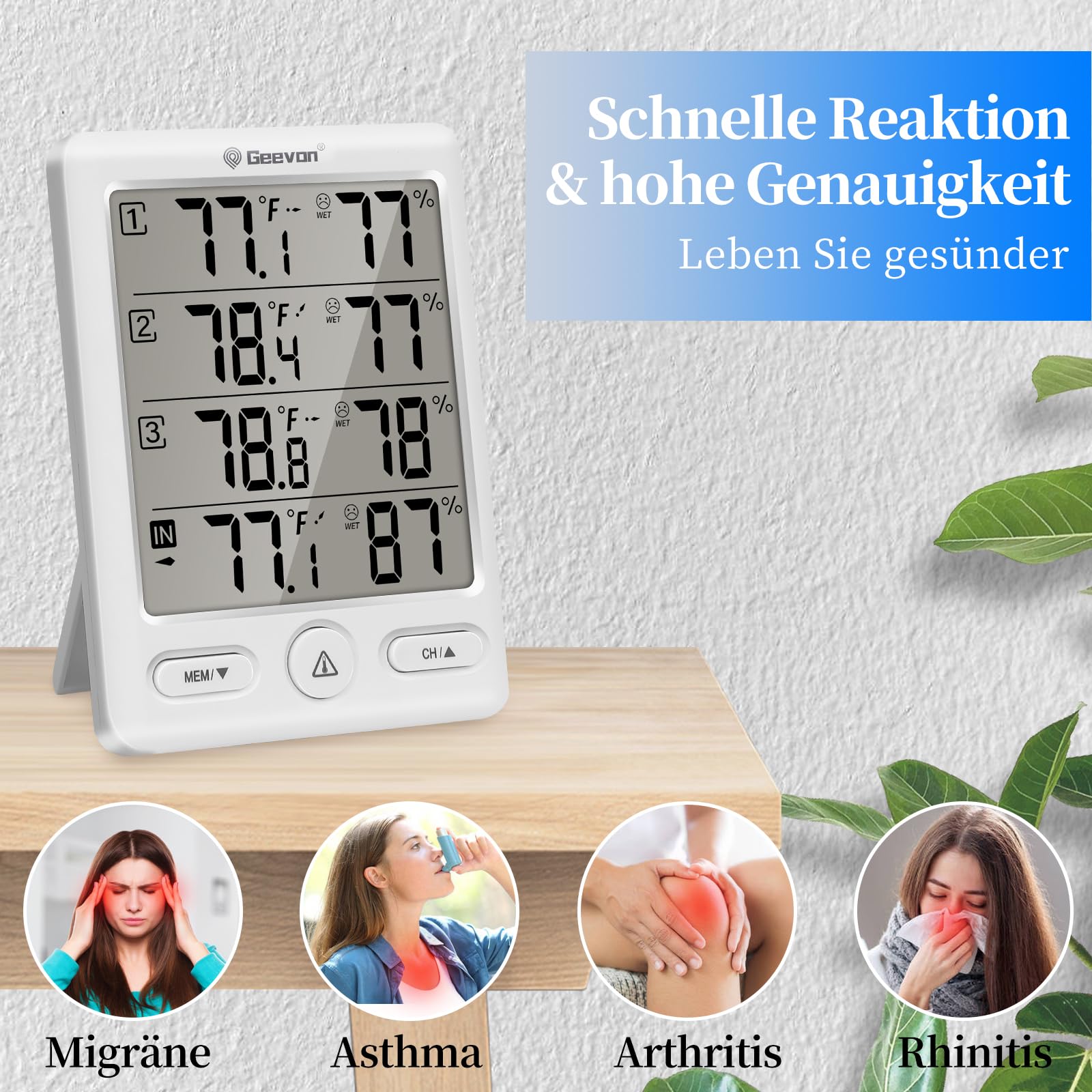 Geevon Thermometer Innen Außen mit 3 Fernsensoren, Hygrometer Digital, Temperatur und Luftfeuchtigkeitsmesser mit 60M/200FT Reichweite (228646 Weiß ohne Batterie)