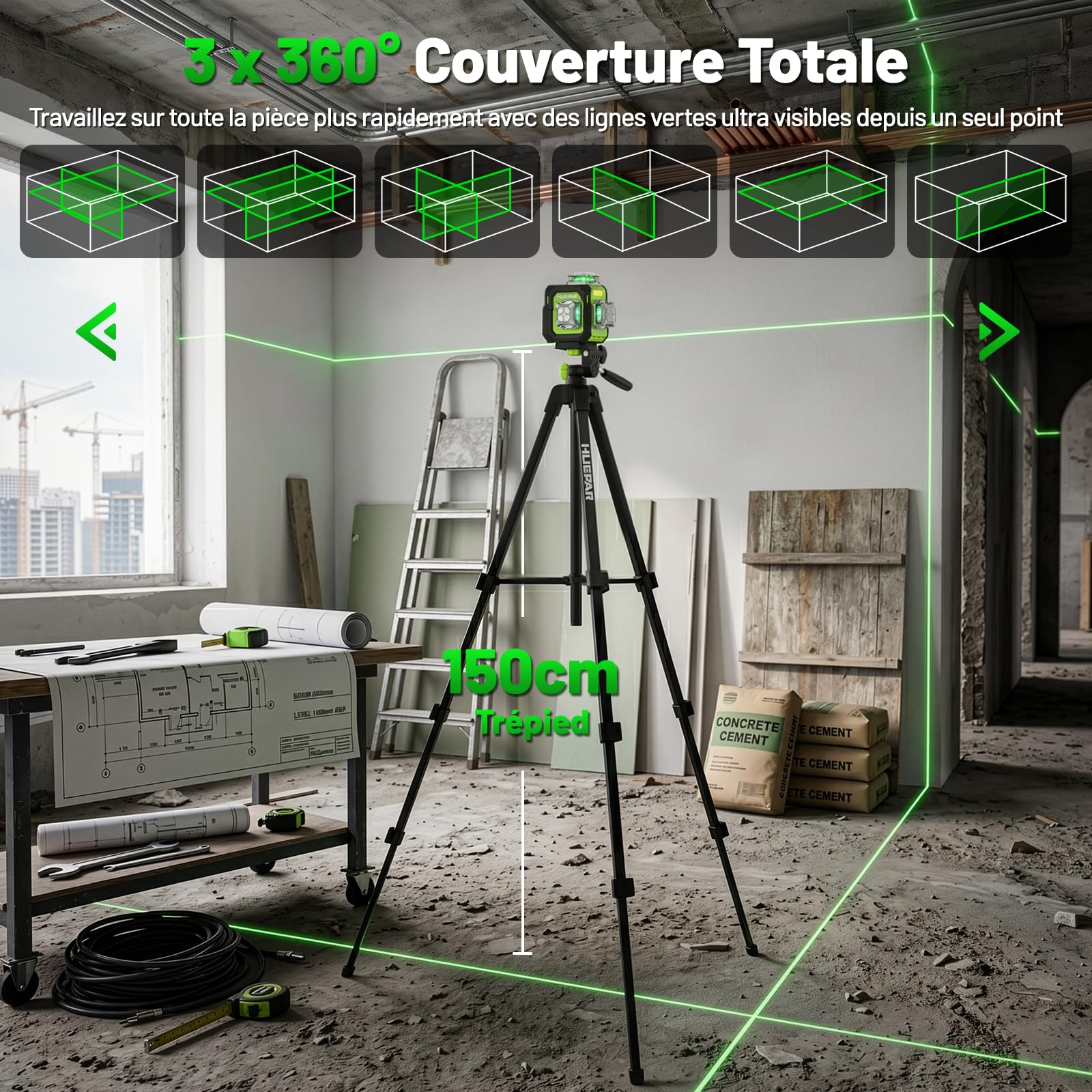 Niveau Laser 360 Autonivelant avec Trépied 152cm, Huepar 3x360 Croisé Laser Vert avec Mode Impulsion, 40m Compacte 3D Laser Niveau Rechargeable, Base Magnétique – Précision Pro pour Chantier&Bricolage