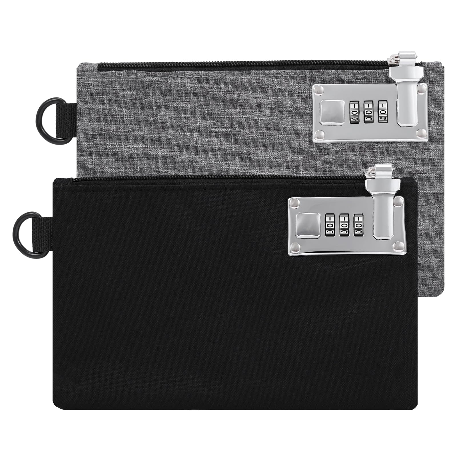 AMIR 2Pcs Lockable Money Bag, 5x8 Inches,Security Nylon Locking Coin Purse Bank Bags with Zipper for School Supplies, Travel, Cash, Jewelry, Passports, Medicine, Credit Cards (Black & Grey)