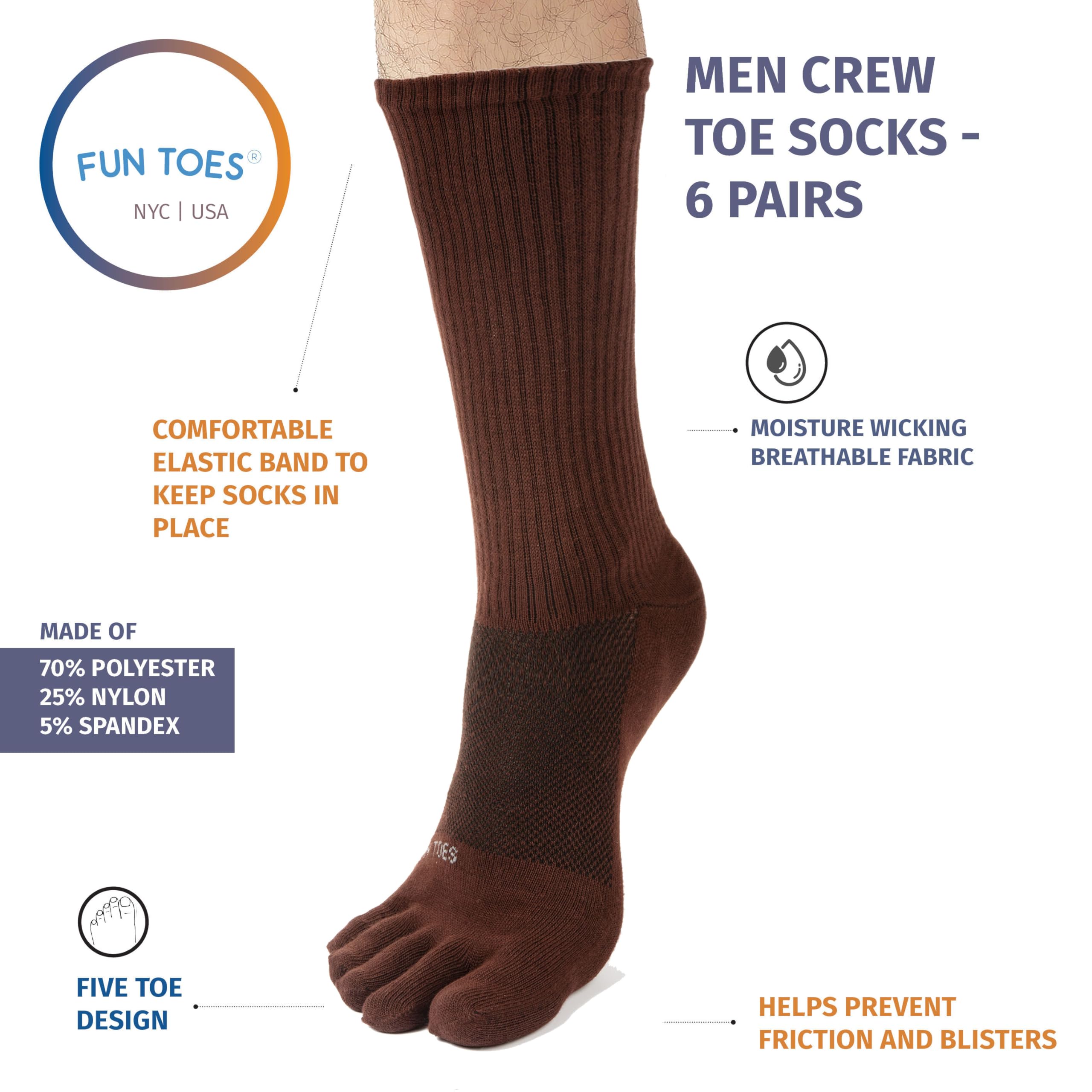 FUN TOES Lot de 6 paires de chaussettes de course à pied pour homme - Alignement correct des orteils - Haut en maille respirante - Taille 39-46, marron, 8-12